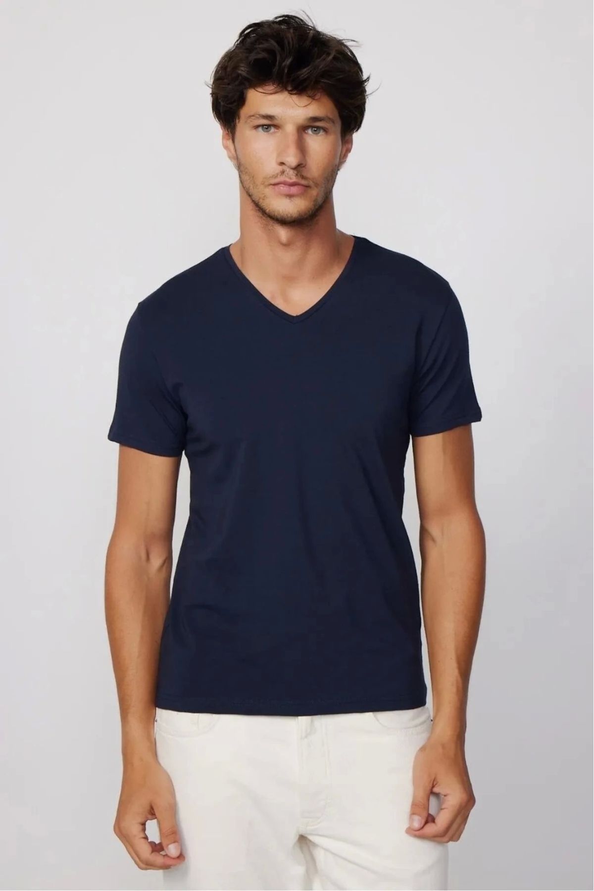 PHANTOM JEANS Erkek Lacivert Likralı Şık Pamuklu Yumuşak Dokulu Slim Fit Dar Kesim V Yaka Basic Tişört