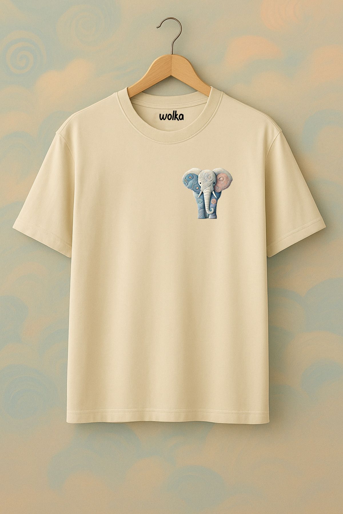 wolka Fil Baskılı Unisex %100 Pamuk Oversize Bisiklet Yaka Bej T-shirt
