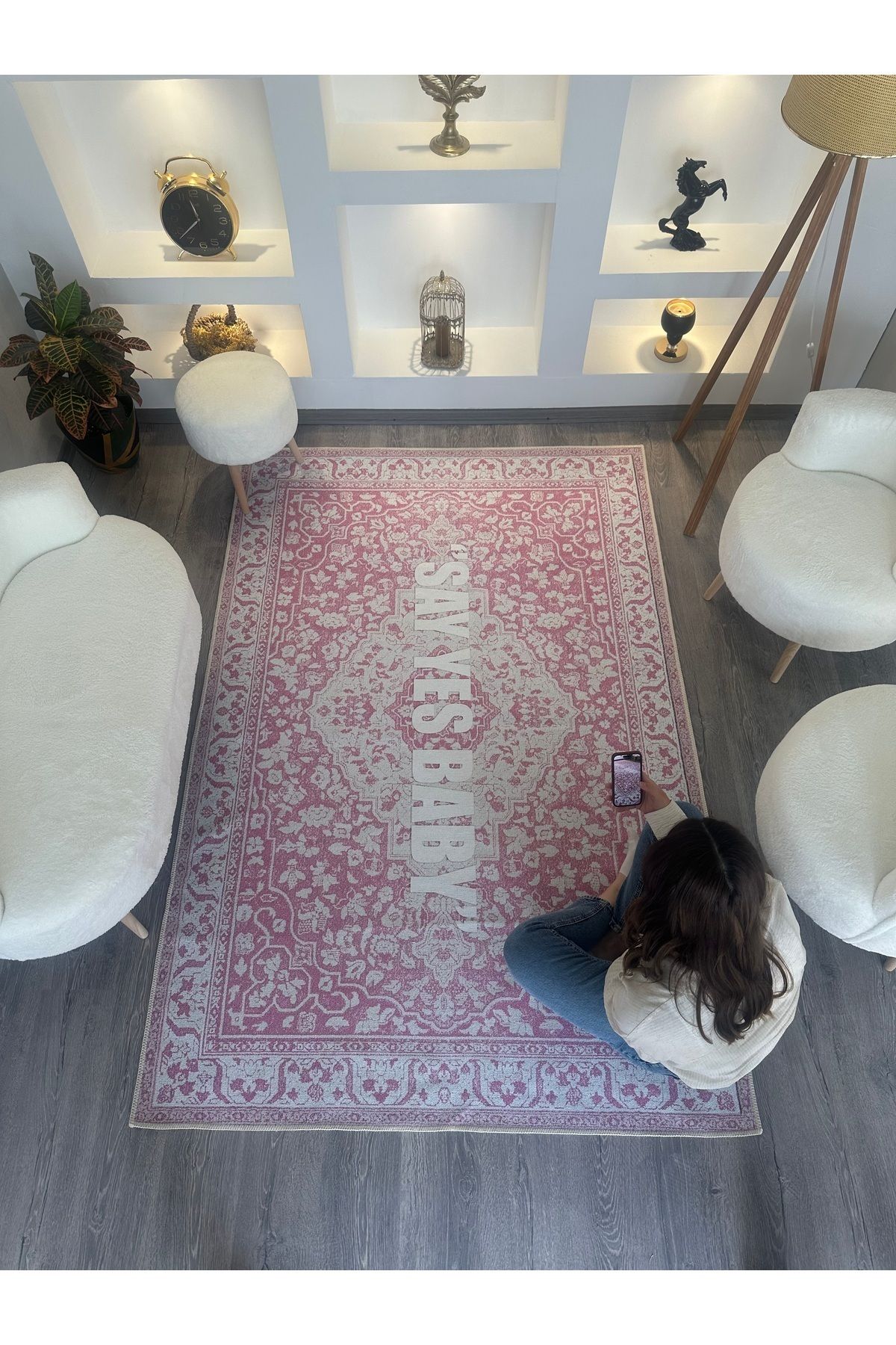 Rugs Modern Halı Opal Pembe Temalı Yazı Detaylı Desenli Dokuma Taban Modern Dekoratif Halı opal02