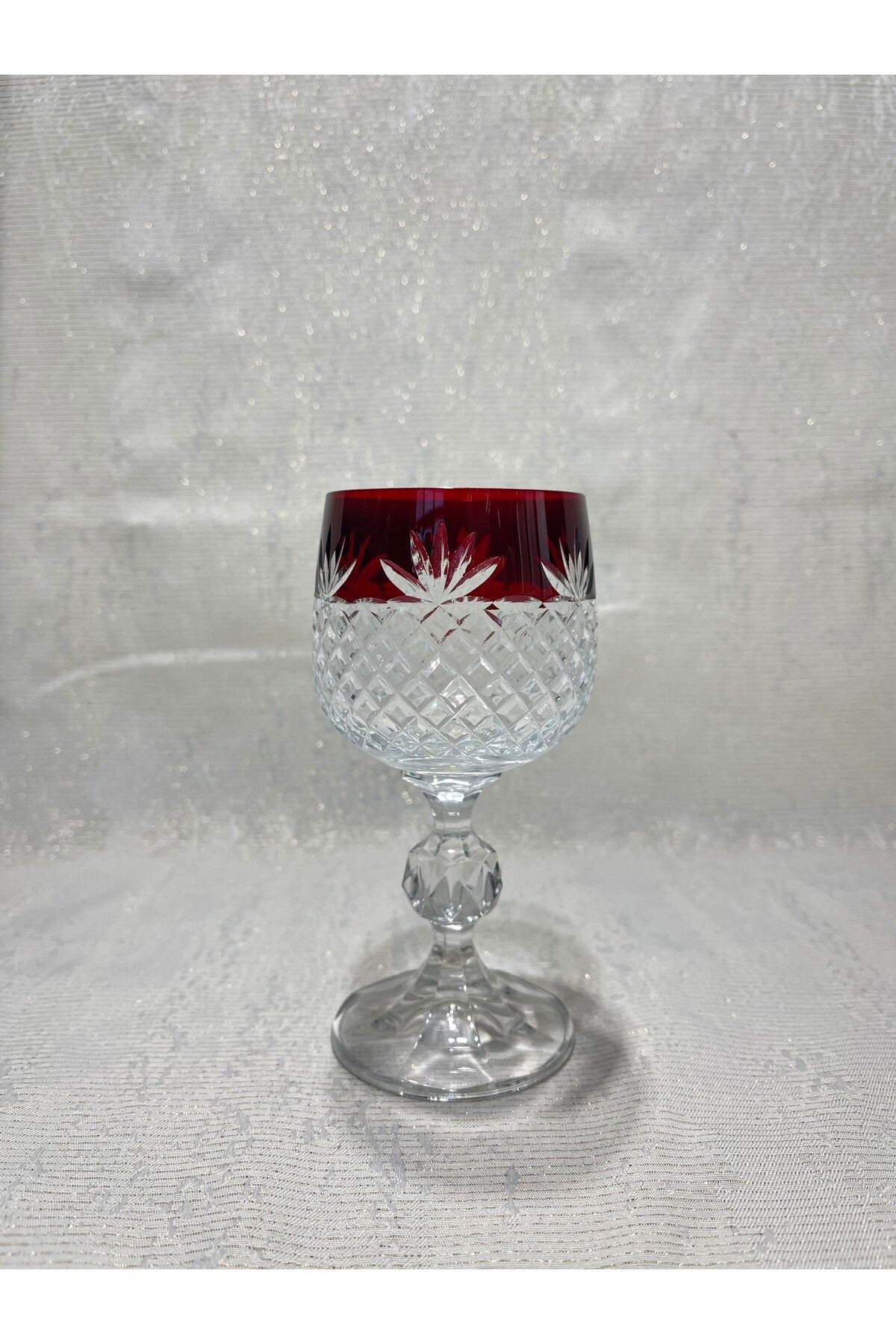 Mirano Cam Tasarım DEKORLU (KESME) EL İŞİ KIRMIZI 150ML 6LI KRİSTAL KAHVE YANI SU BARDAĞI SETİ