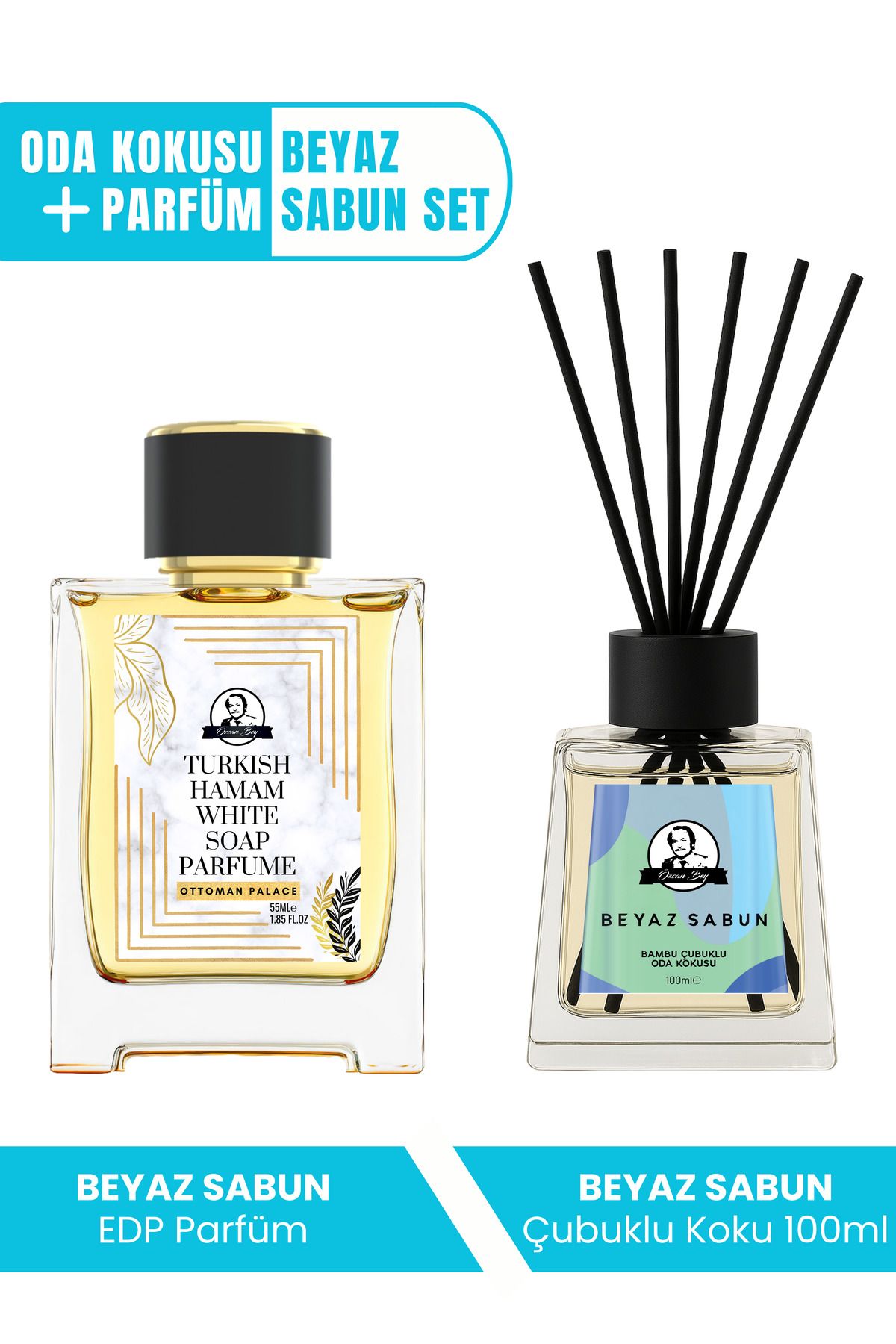 Özcan Bey Ottoman Serisi Beyaz Sabun Kokulu Parfüm White Soap 55ml Ve Beyaz Sabun Çubuklu Oda Kokusu 100ml