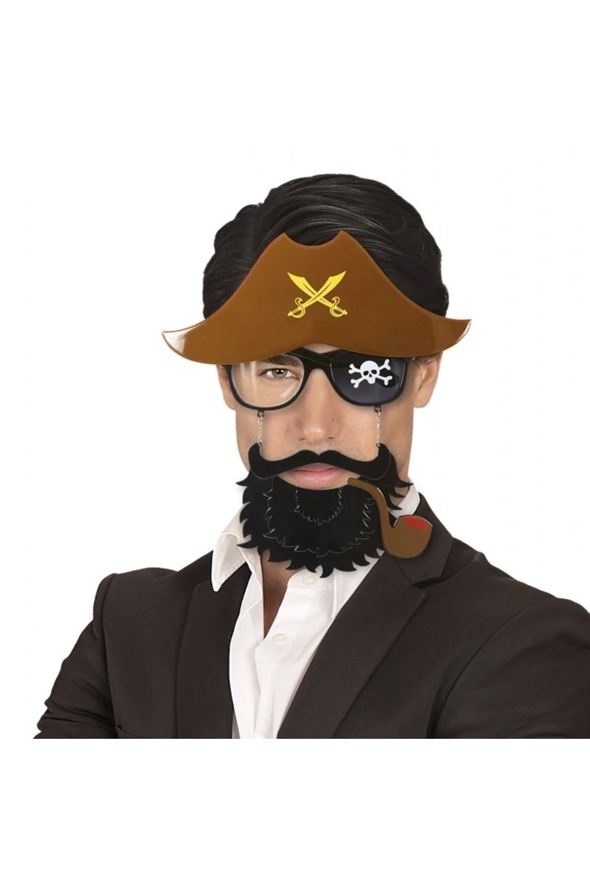 STOREMAX Kahve Renk Şapkalı Siyah Sakallı Pipolu Jack Sparrow Denizci Korsan Gözlüğü 24x25 cm (5047)