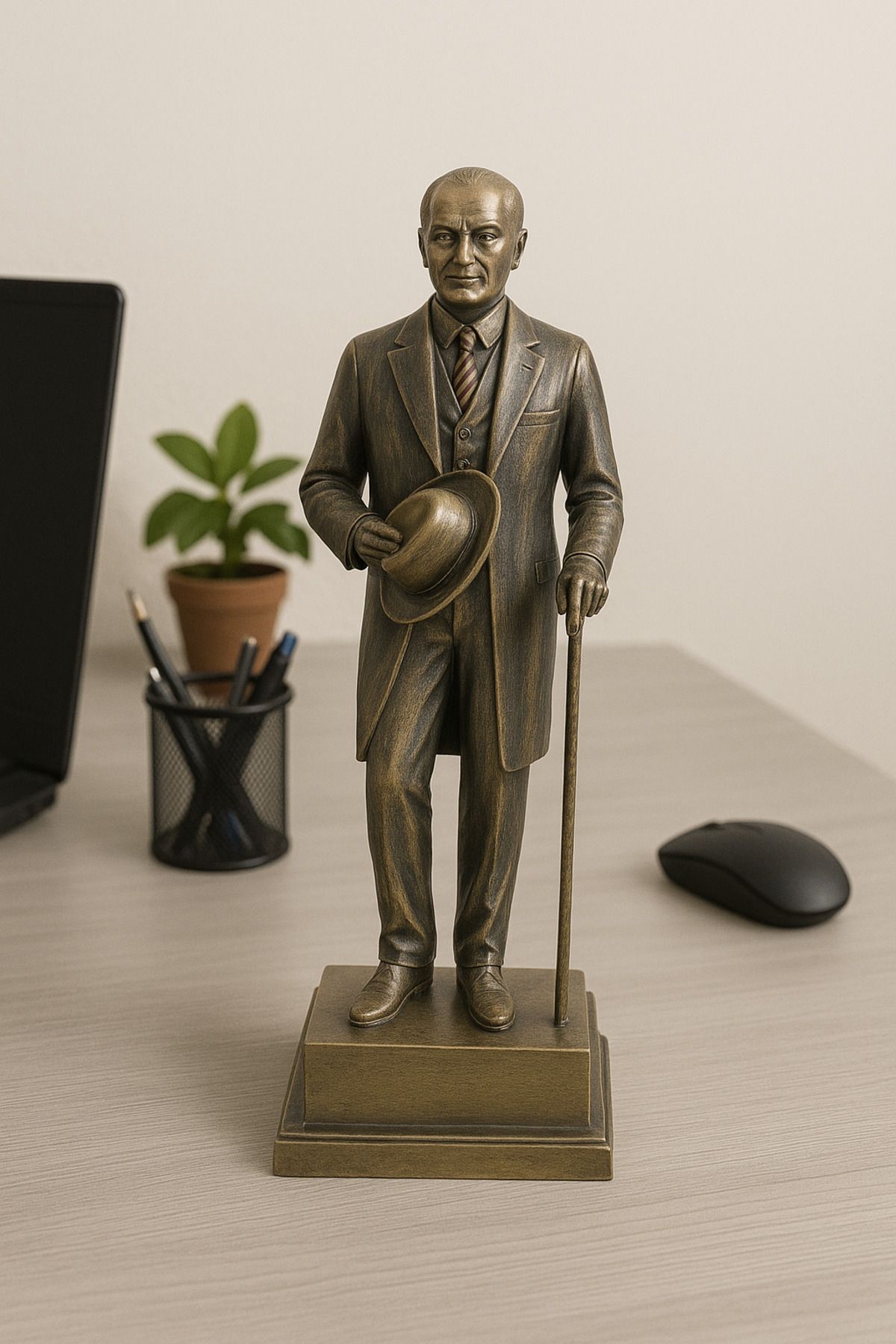 AYDINARTSHOP Veronese Atatürk Heykeli – Bronz Fötr Şapkalı Bastonlu Figür Biblo