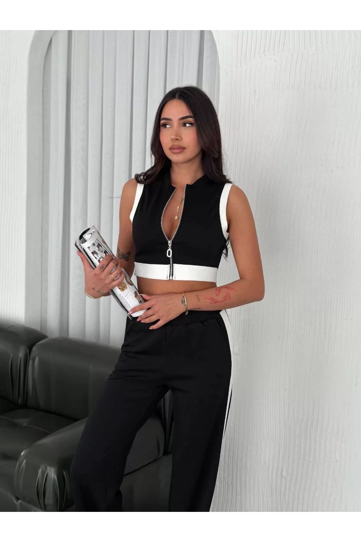 REKA MODA Osy Modal Yumuşak Dokulu Kumaş Tam Fermuarlı Crop Pantalon İkili Takım - Siyah