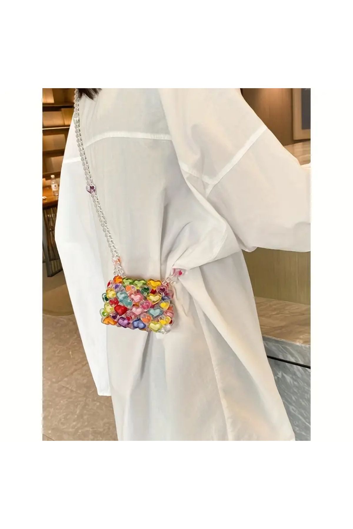 WasWink Tasarım Mini Kalp Boncuklu Kare Çanta, Moda Renkli Kalp Boncuklu Çanta, DIY El Dokuma Boncuklu