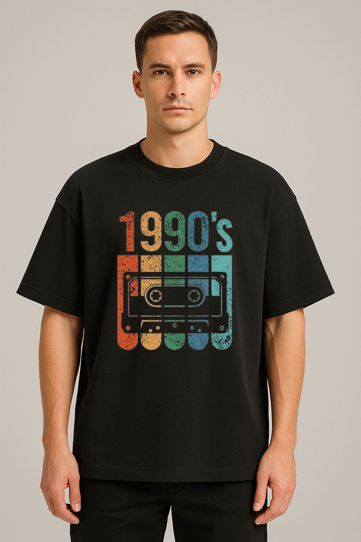 sielta 1990 Vintage Baskılı Bisiklet Yaka Oversize Kalıp Unisex Siyah Tişört T-shirt