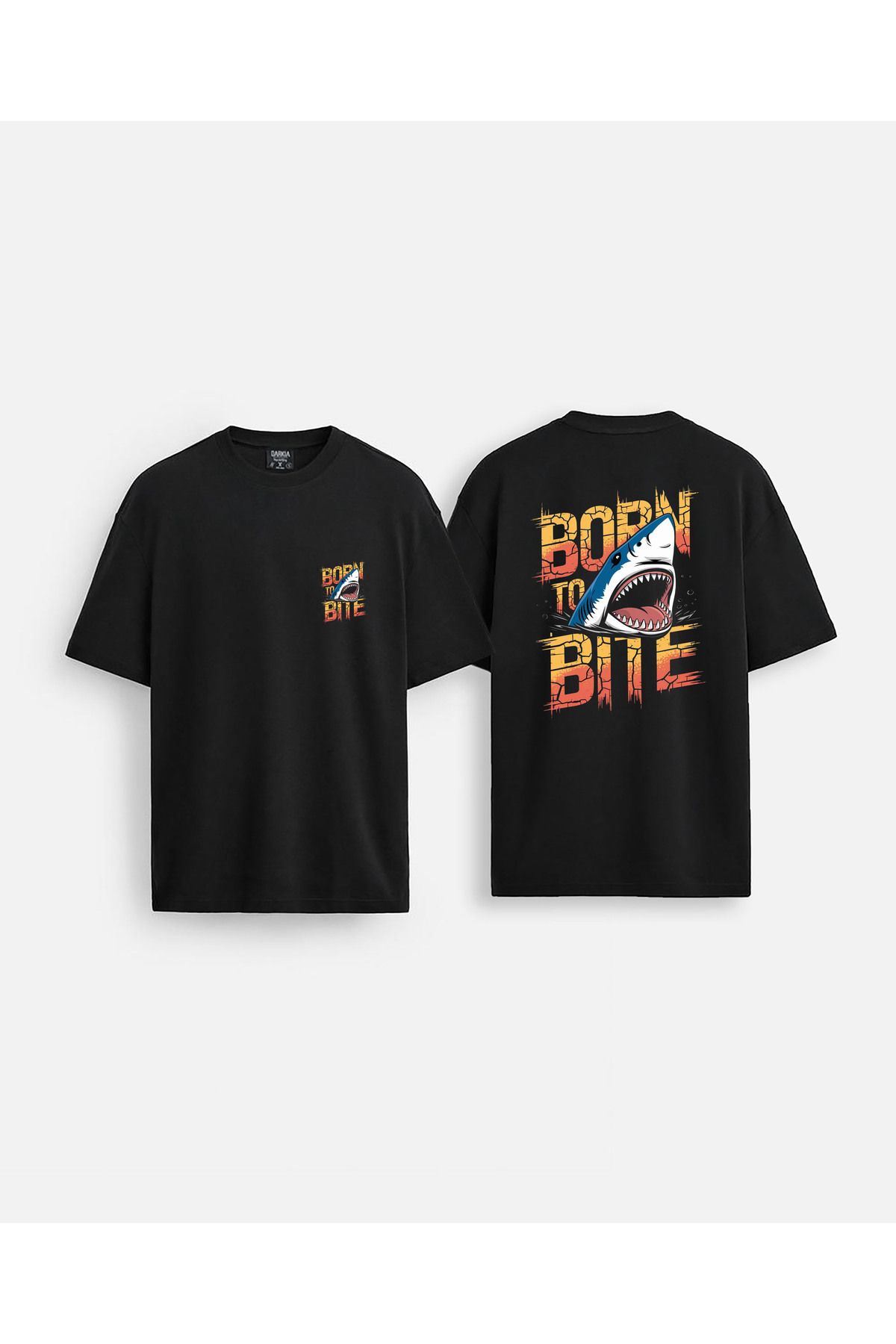 Darkia Köpek Balığı Shark Baskılı Bisiklet Yaka Oversize Çift Taraflı Siyah Tişört T-shirt