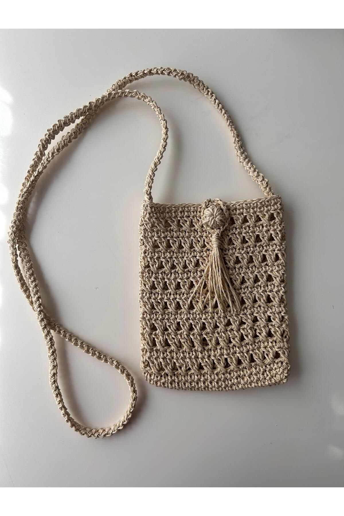 Likya Atelier Hasır Özel Tasarım Krem Çanta, Telefon Çantası