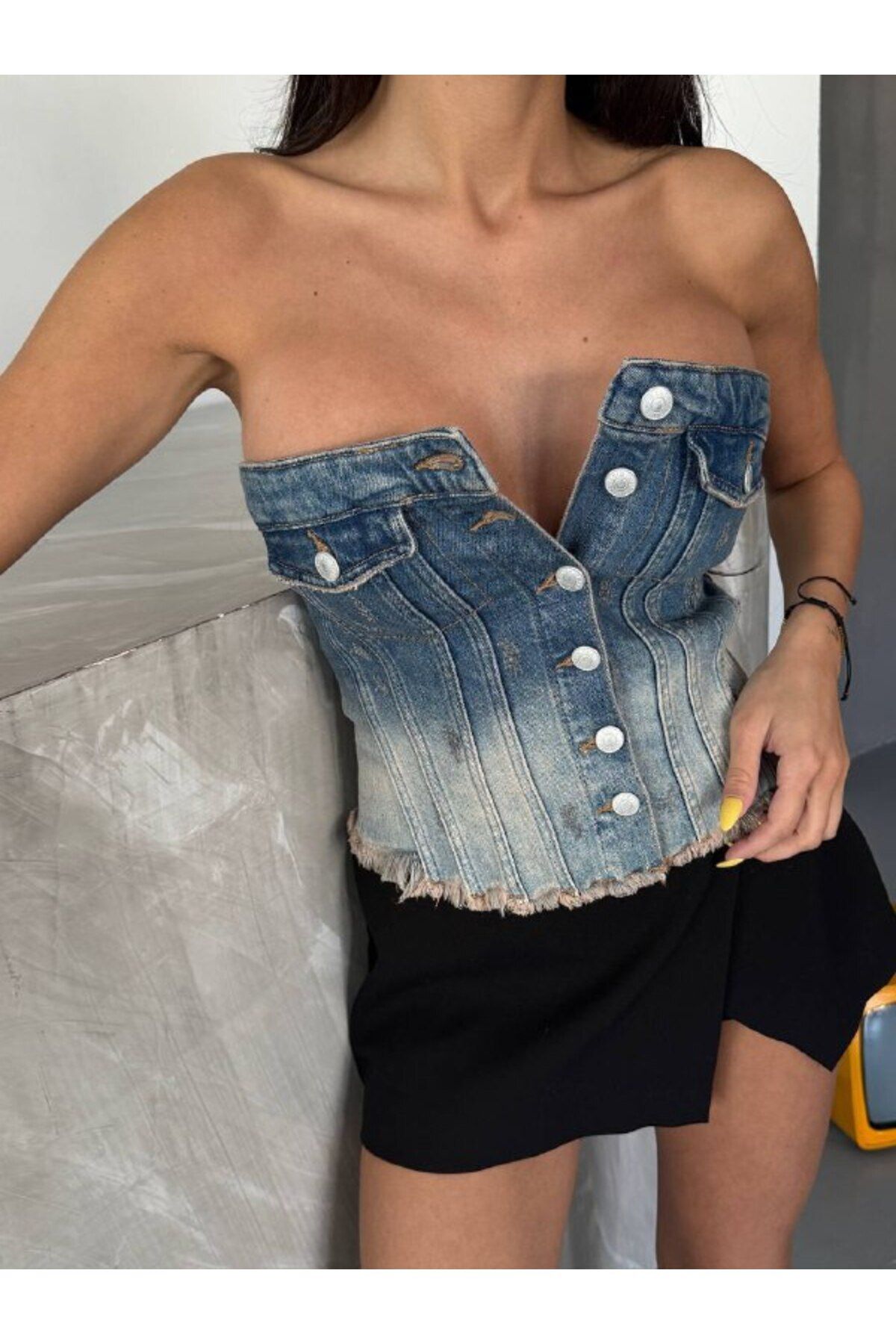 DENİKK TREND STRAPLEZ CROP DENİM JEAN ESKİTME YIKAMALI BUSTİYER
