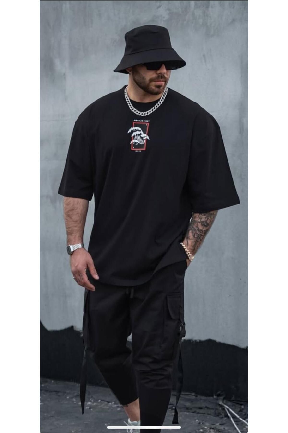 İnazuma Outdoors İnazuma Unisex Oversize Baskılı Pamuklu Bisiklet Yaka Kısa Kollu SİYAH T-shirt