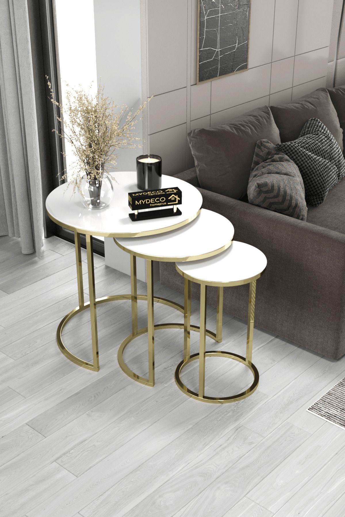 home plus mobilya 3'lü Zigon Sehpa Gold Ayak Beyaz Ayna