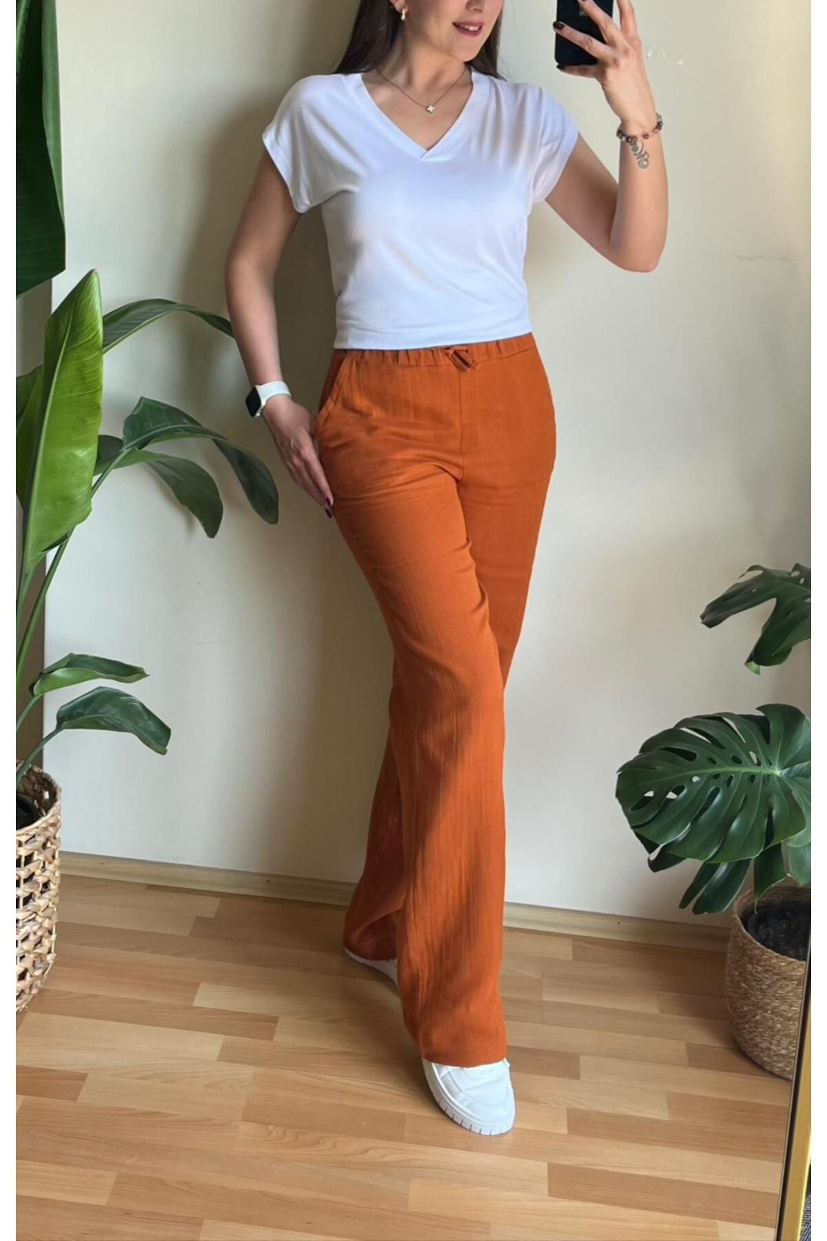 Butik MÜSLİN KİREMİT BELİ LASTİKLİ PANTOLON