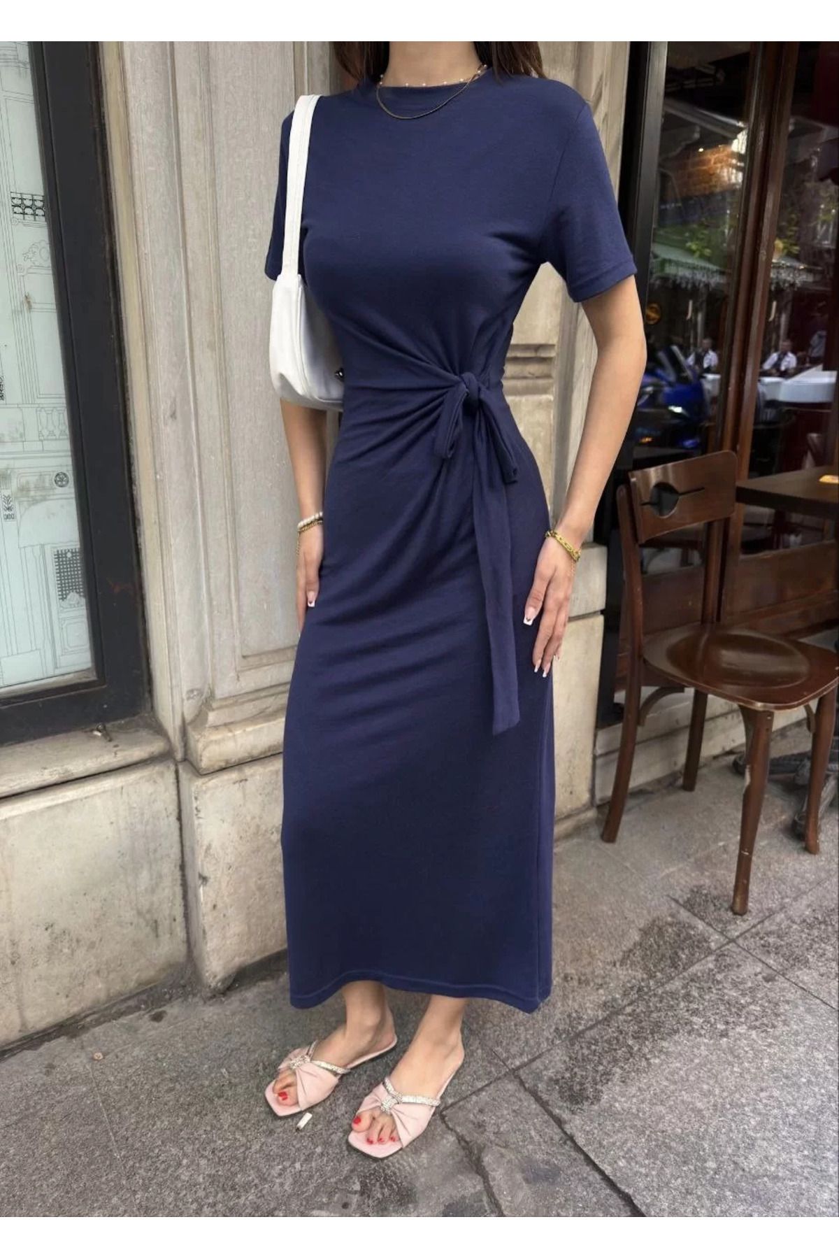 REKA MODA Osy Modal Yumuşak Dokulu Kumaş Bisiklet Yaka Kısa Kollu Kuşaklı Uzun Elbise - Mavi
