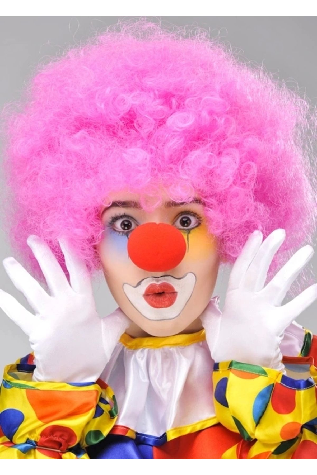 STOREMAX Pembe Renk Kıvırcık Afro Bonus Peruk Takma Saç ve Kırmızı Burun Seti (5047)
