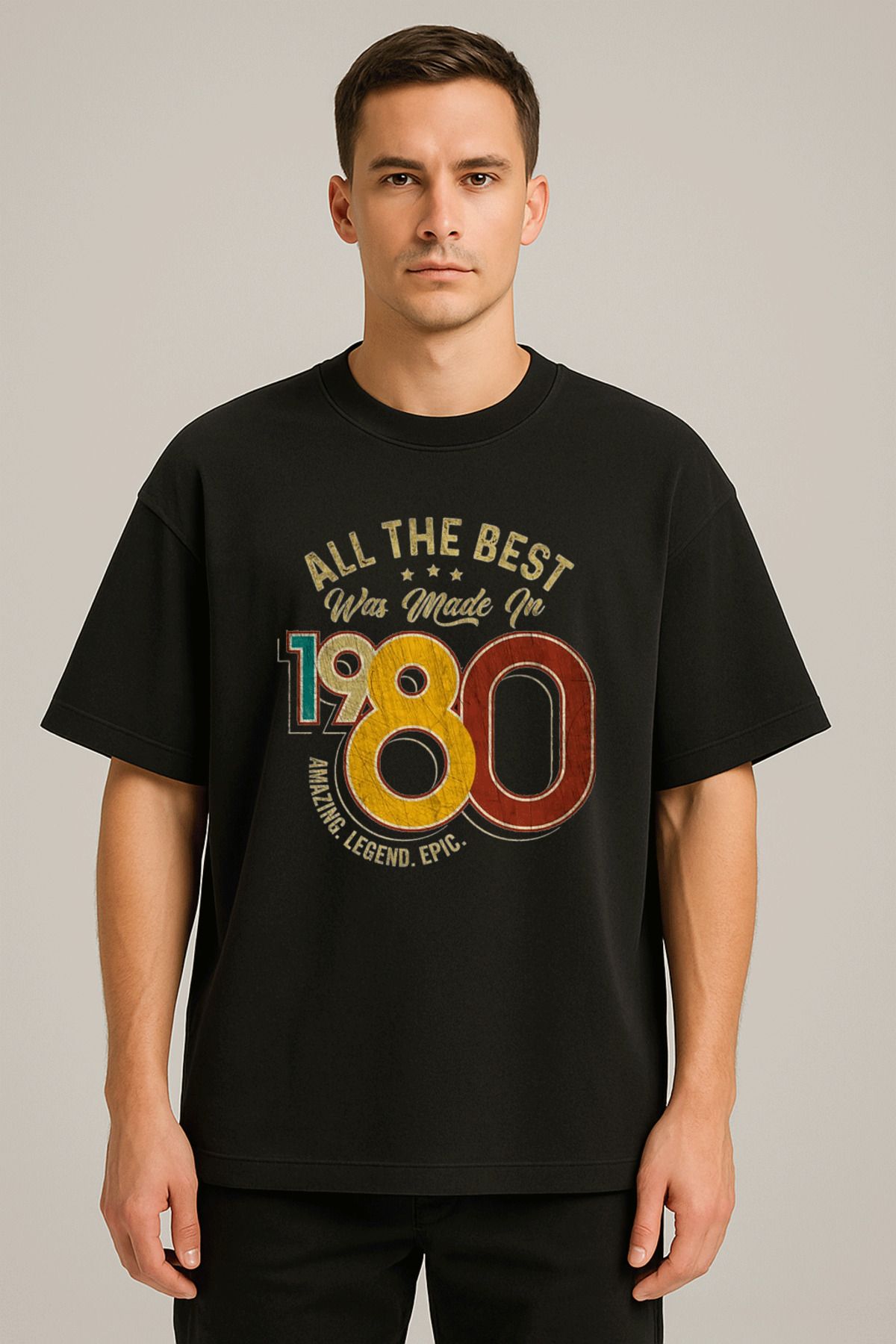sielta 1980 Vintage Baskılı Bisiklet Yaka Oversize Kalıp Unisex Siyah Tişört T-shirt