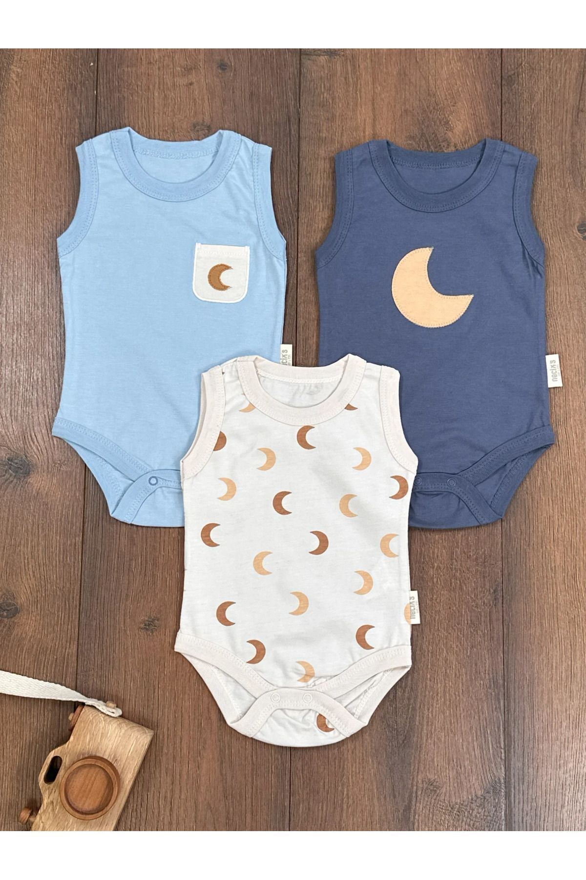 tiwitibaby Ay Desen Çıtçıtlı Yazlık 3lü Yenidoğan Erkek Bebek Tulum Set