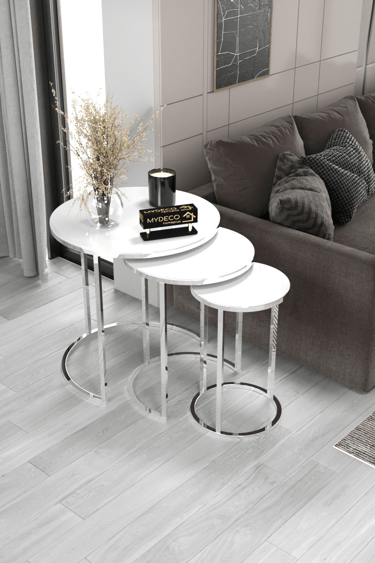 home plus mobilya 3'lü Zigon Sehpa Gümüş Ayak Beyaz Ayna