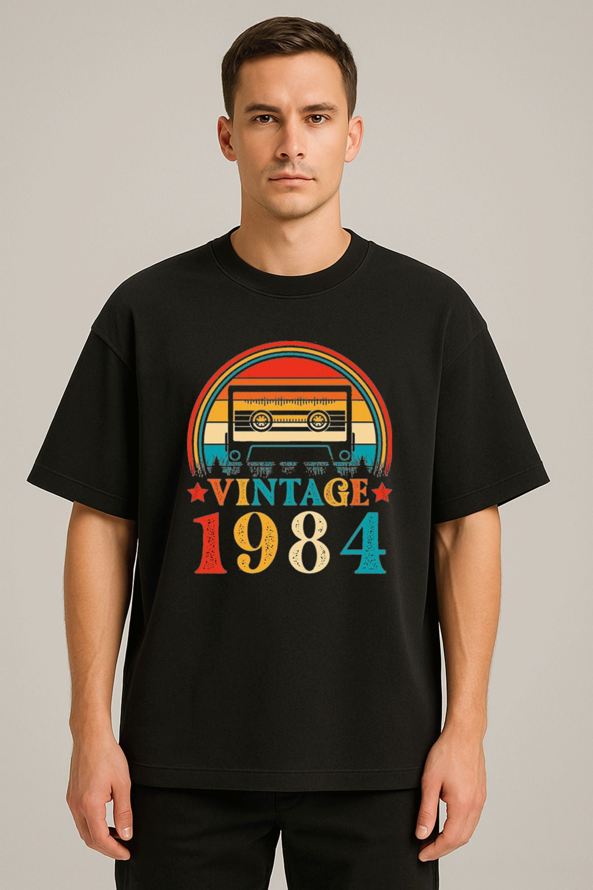 sielta Vintage 1985 Baskılı Bisiklet Yaka Oversize Kalıp Unisex Siyah Tişört T-shirt