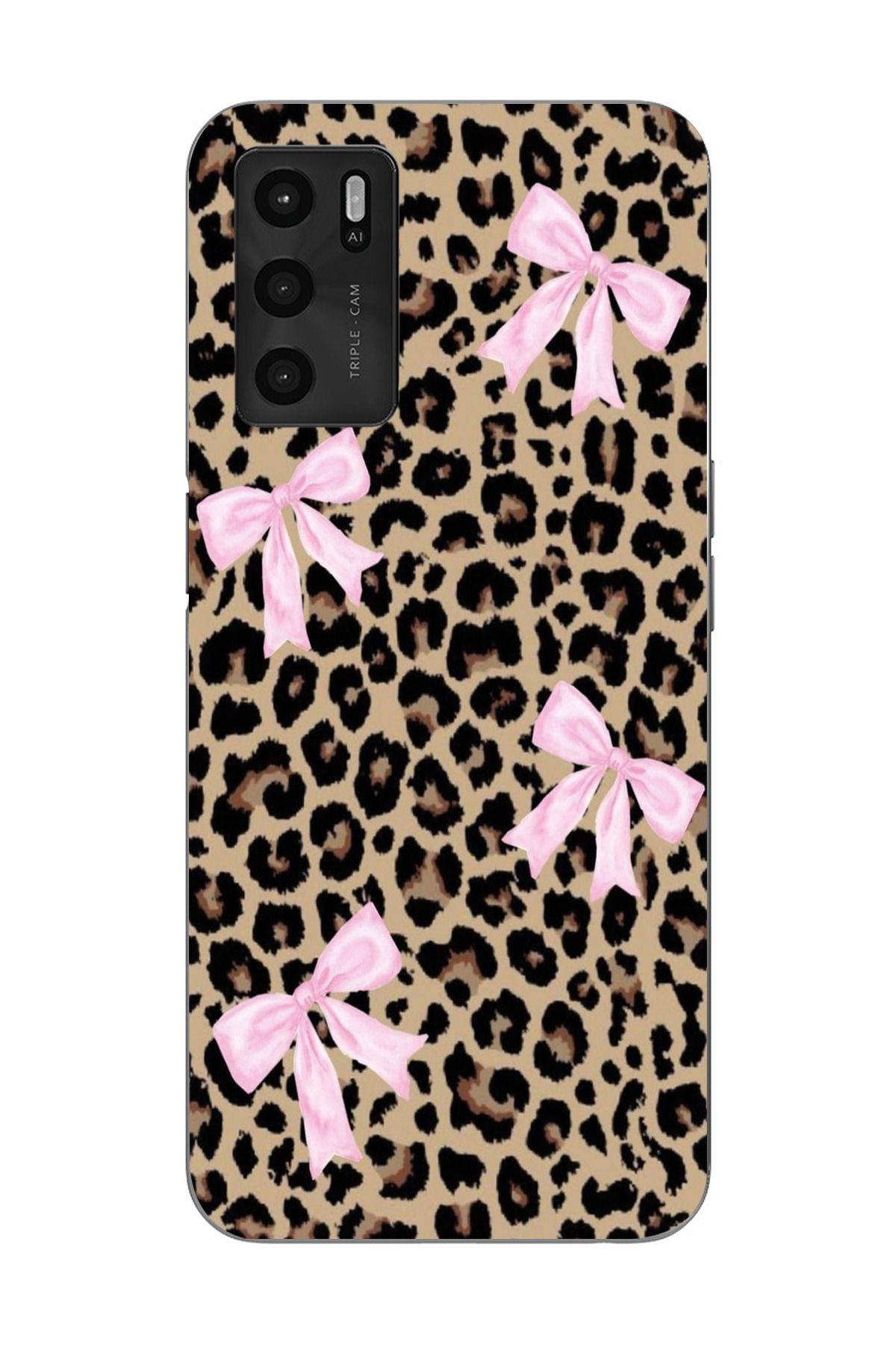 moonset Oppo A16 / A55 Uyumlu Leopar ve Fiyonk Tasarımlı Baskılı Şeffaf Telefon Kılıfı