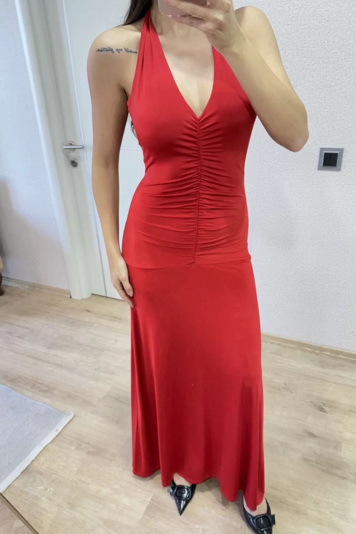 REKA MODA Sırt dekolteli Uzun Kollu Elbise - Kırmızı