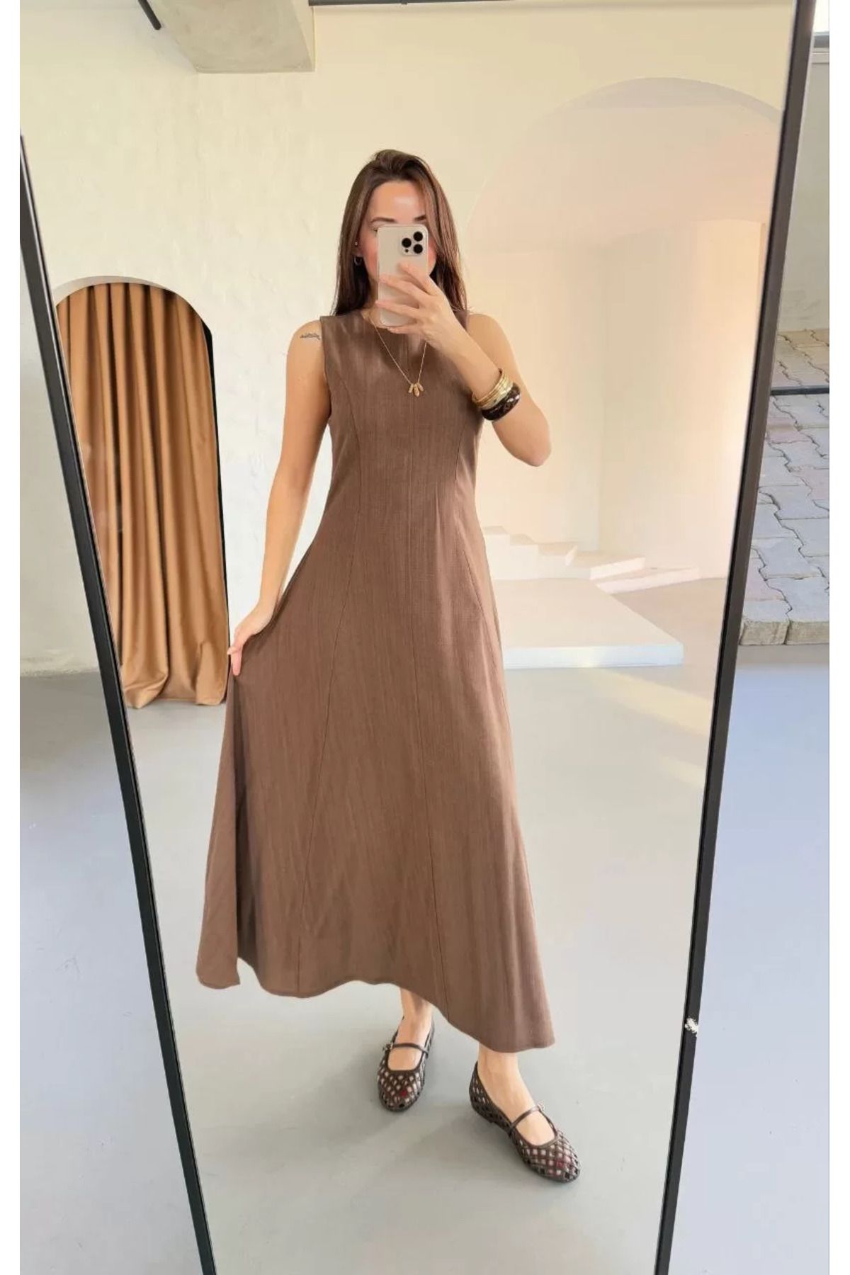 REKA MODA Keten Uzun Kolsuz Elbise- Kahverengi