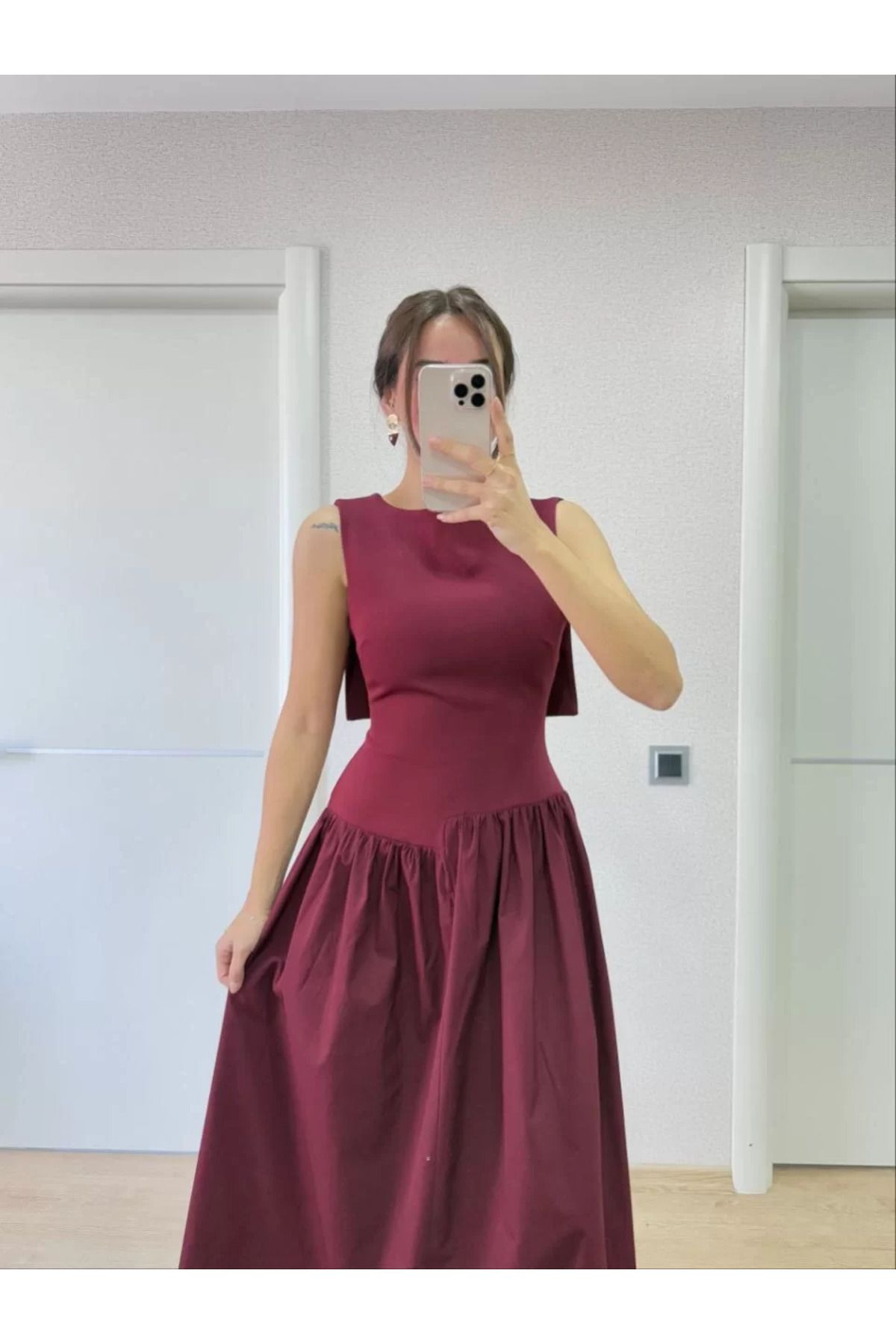 REKA MODA Arkası Kanatlı Uzun Kadın Elbise- Bordo