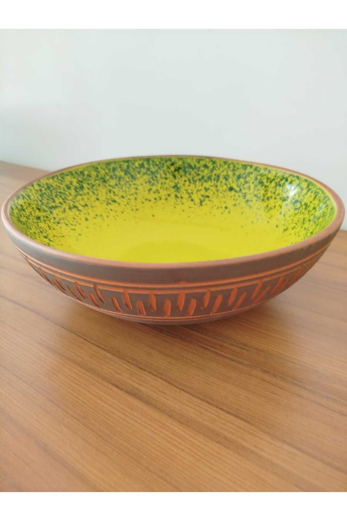 Cappadocia Family Store Dekoratif 25 cm Toprak Kazımalı Sarı & Yeşil Sırlı Sunumluk Kase