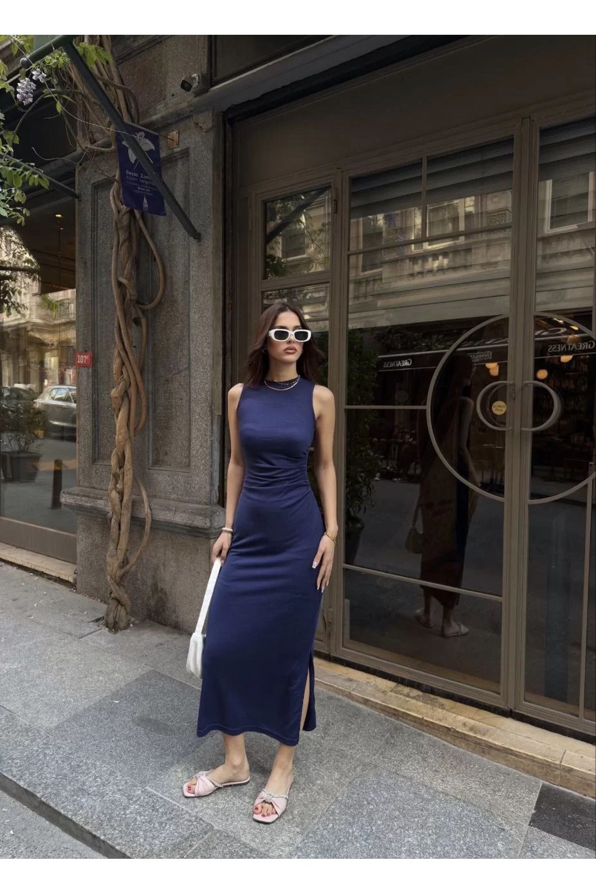 REKA MODA Osy Modal Yumuşak Dokulu Kumaş Bisiklet Yaka Sıfır Kolsuz Yırtmaçlı Uzun Elbise - Mavi
