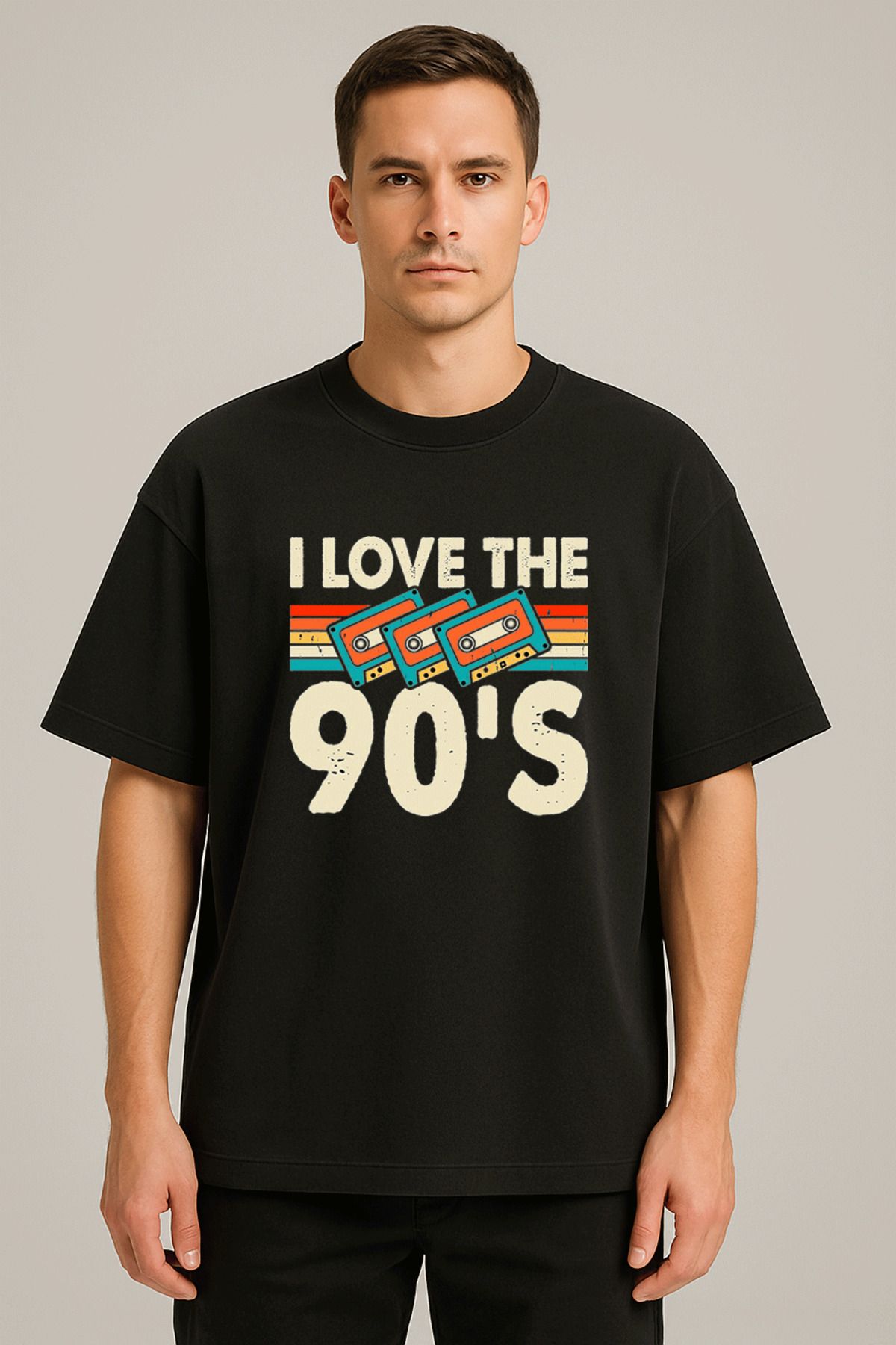 sielta Love 90s Vintage Baskılı Bisiklet Yaka Oversize Kalıp Unisex Siyah Tişört T-shirt