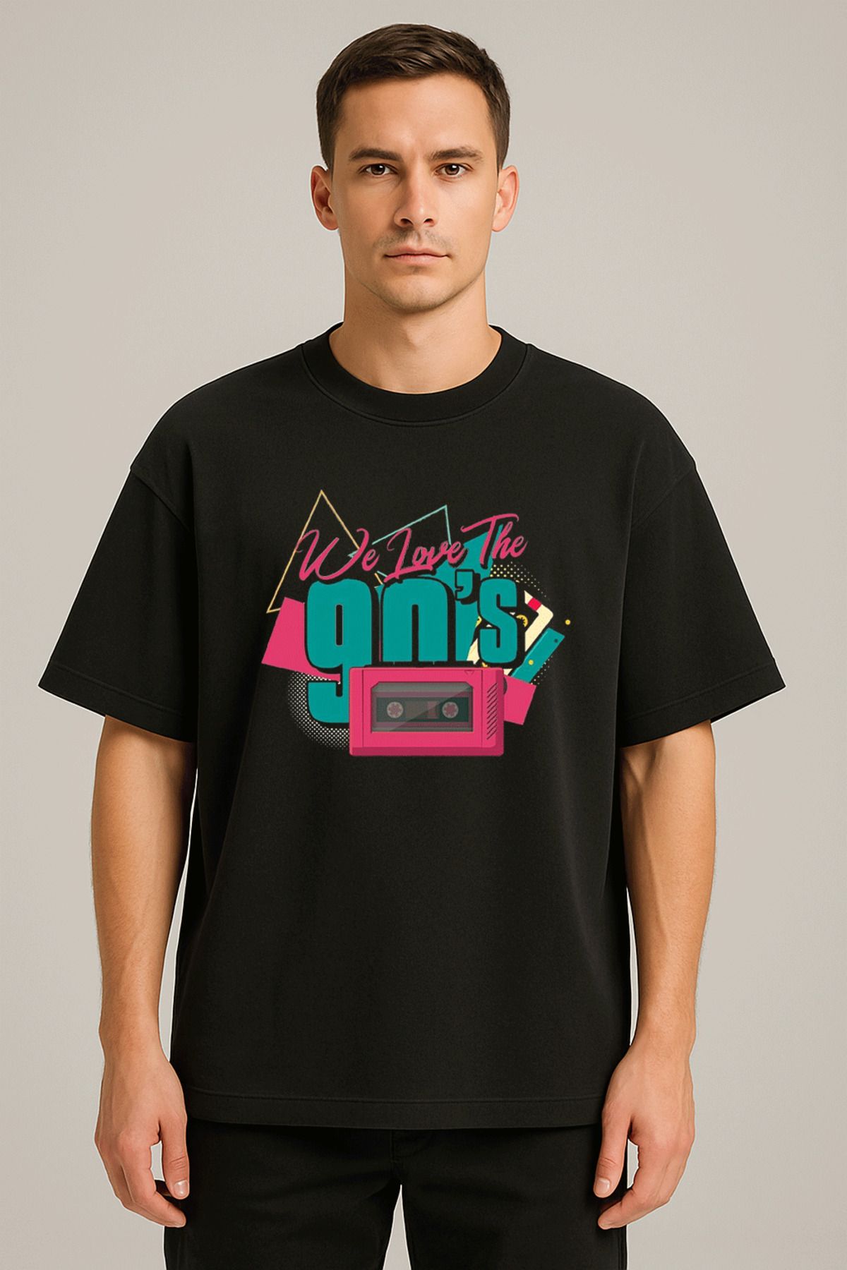 Darkia I Love 90s Retro Vintage Baskılı Bisiklet Yaka Oversize Kalıp Unisex Siyah Tişört T-shirt