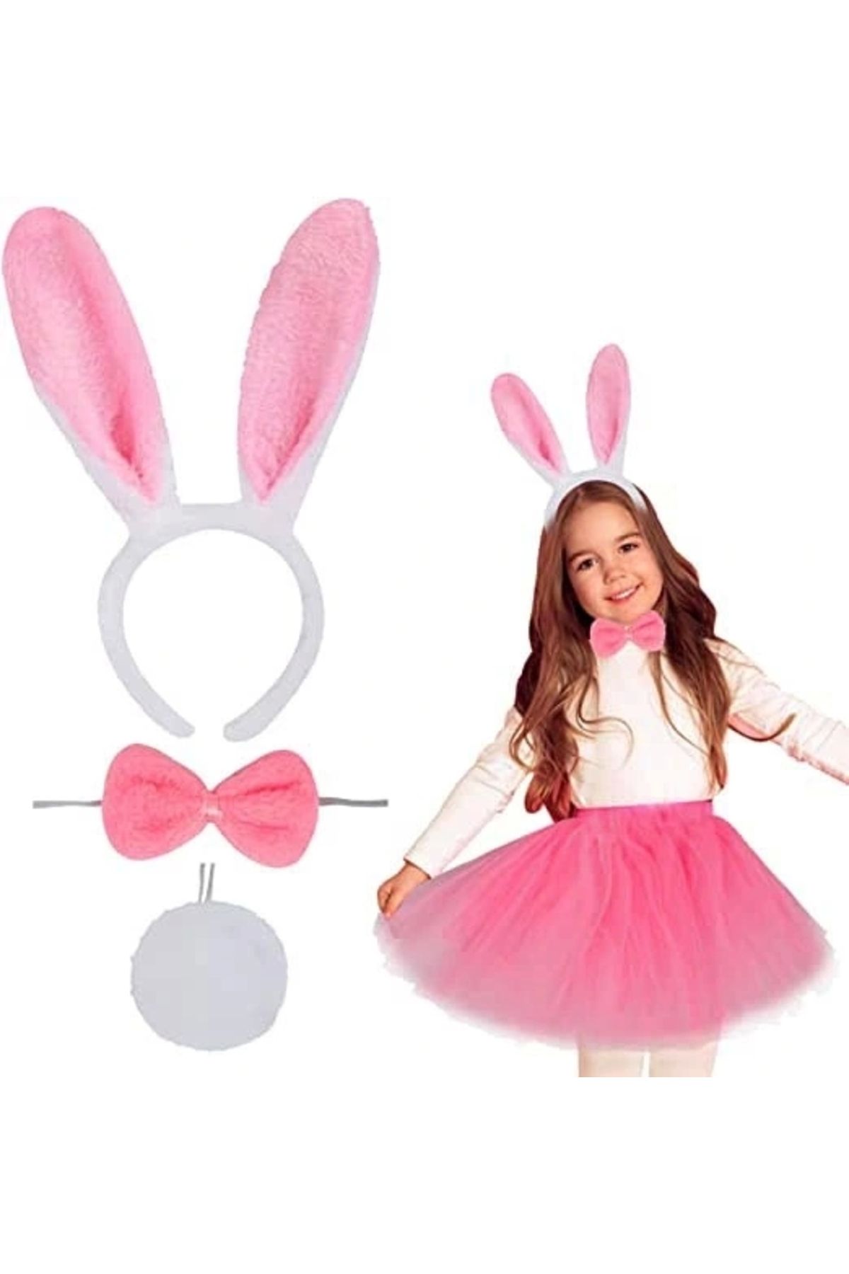 STOREMAX Tavşan Tacı Eteği Papyonu ve Kuyruk Kostüm Seti Pembe Renk Çocuk Boy (5047)