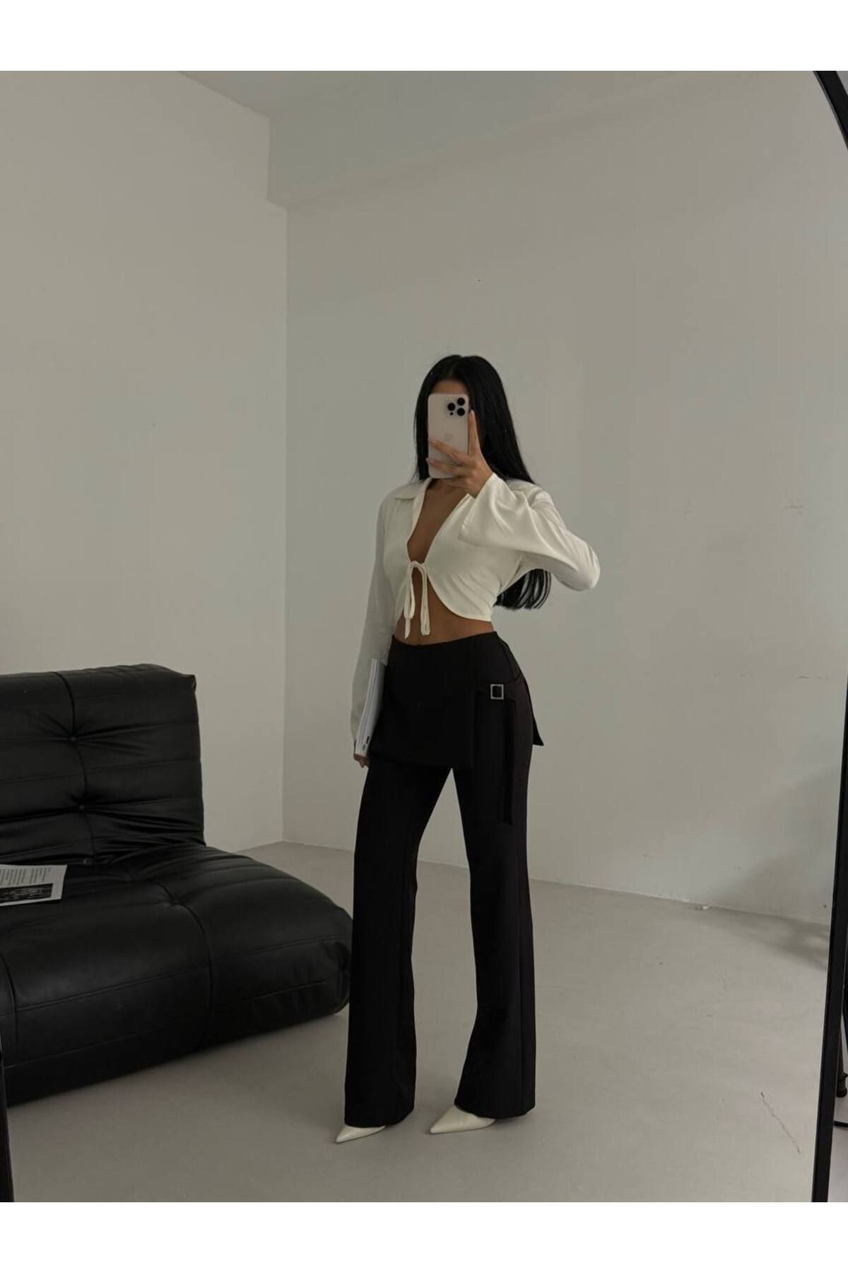 vuvutasarım Yeni Sezon Etek Detaylı Geniş Paça Kemerli Kadın Pantolon 52201011