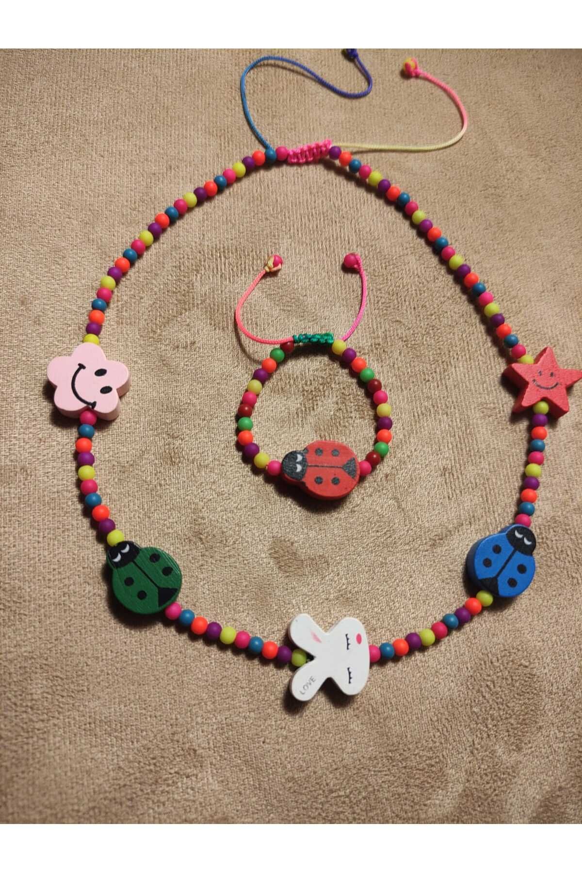 MODA Hand Made El Emeği Ahşap ve Boncuk Çocuk Kolye Bileklik Set