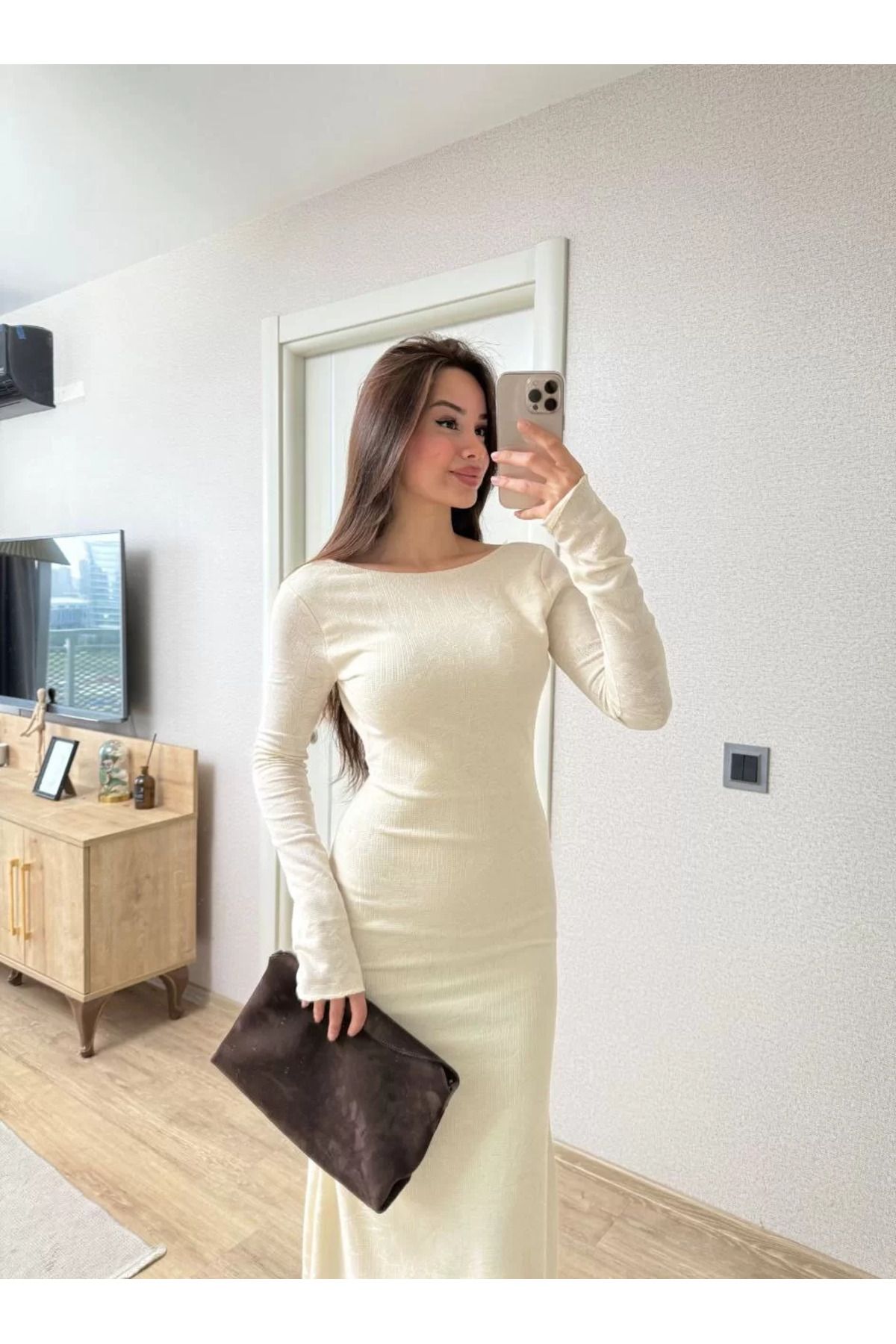 REKA MODA Sırt dekolteli Uzun Kollu Elbise - Kırık Beyaz