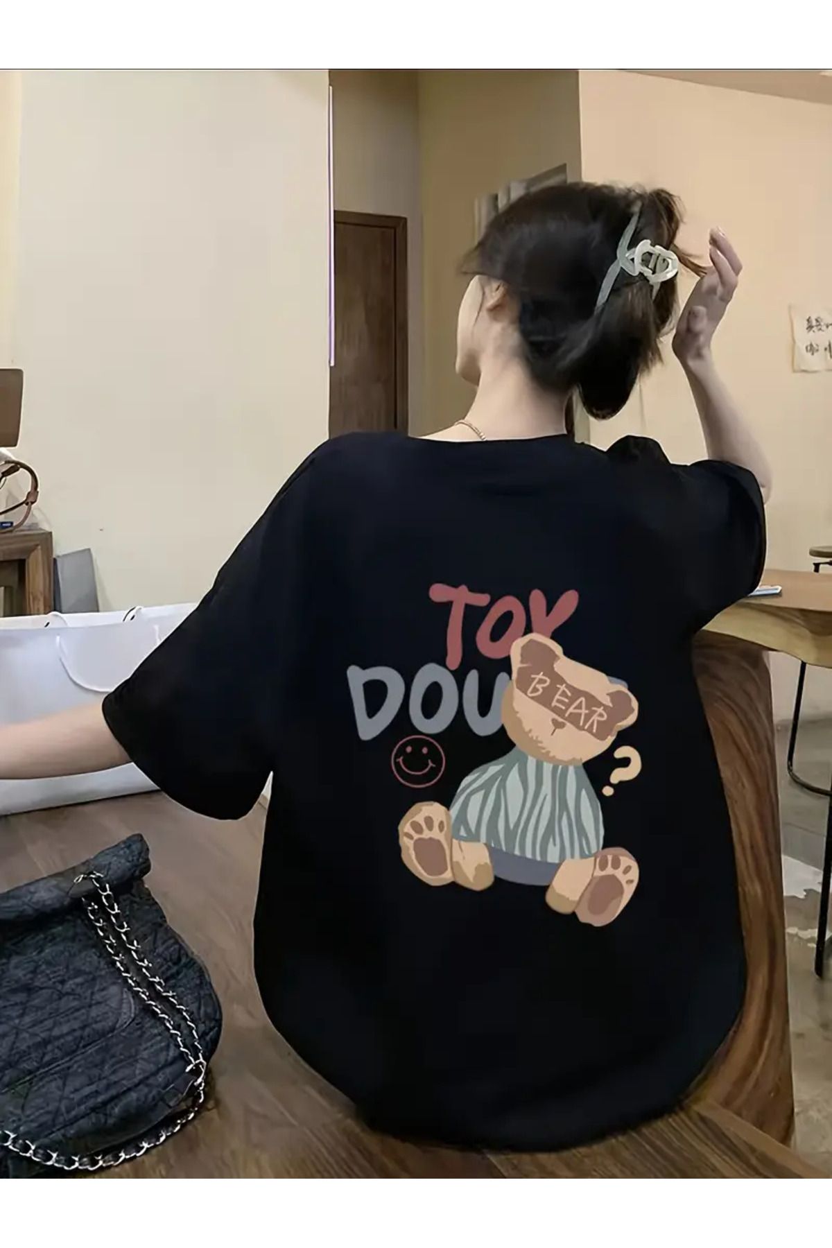 AEMİ Unisex Tox Dou Ayı Sırt Baskılı %100 Pamuk Oversize T-shirt