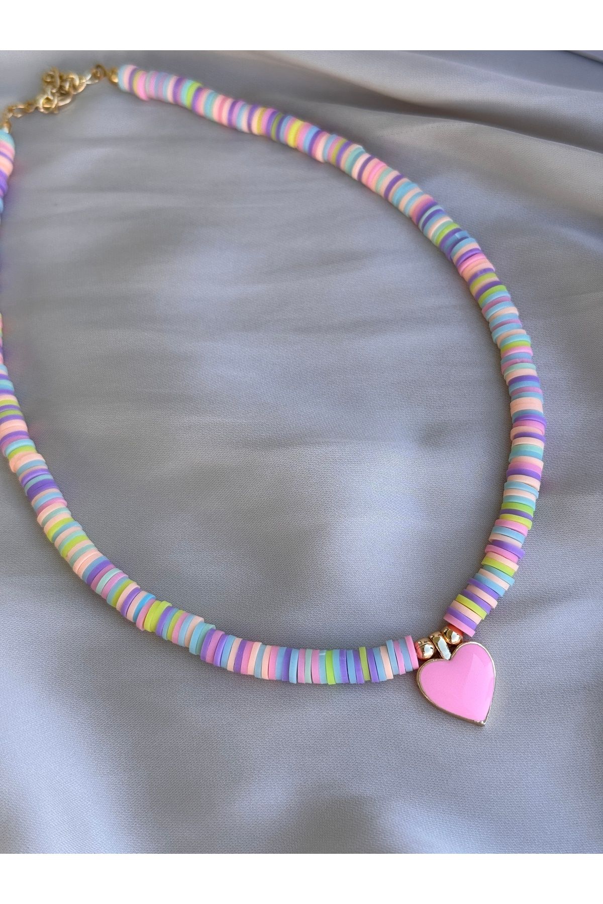 Miliva Renkli Kalpli Çocuk Kolye | Pembe Kalpli Kız Çocuk Kolye | Çocuk Takısı | 35 cm