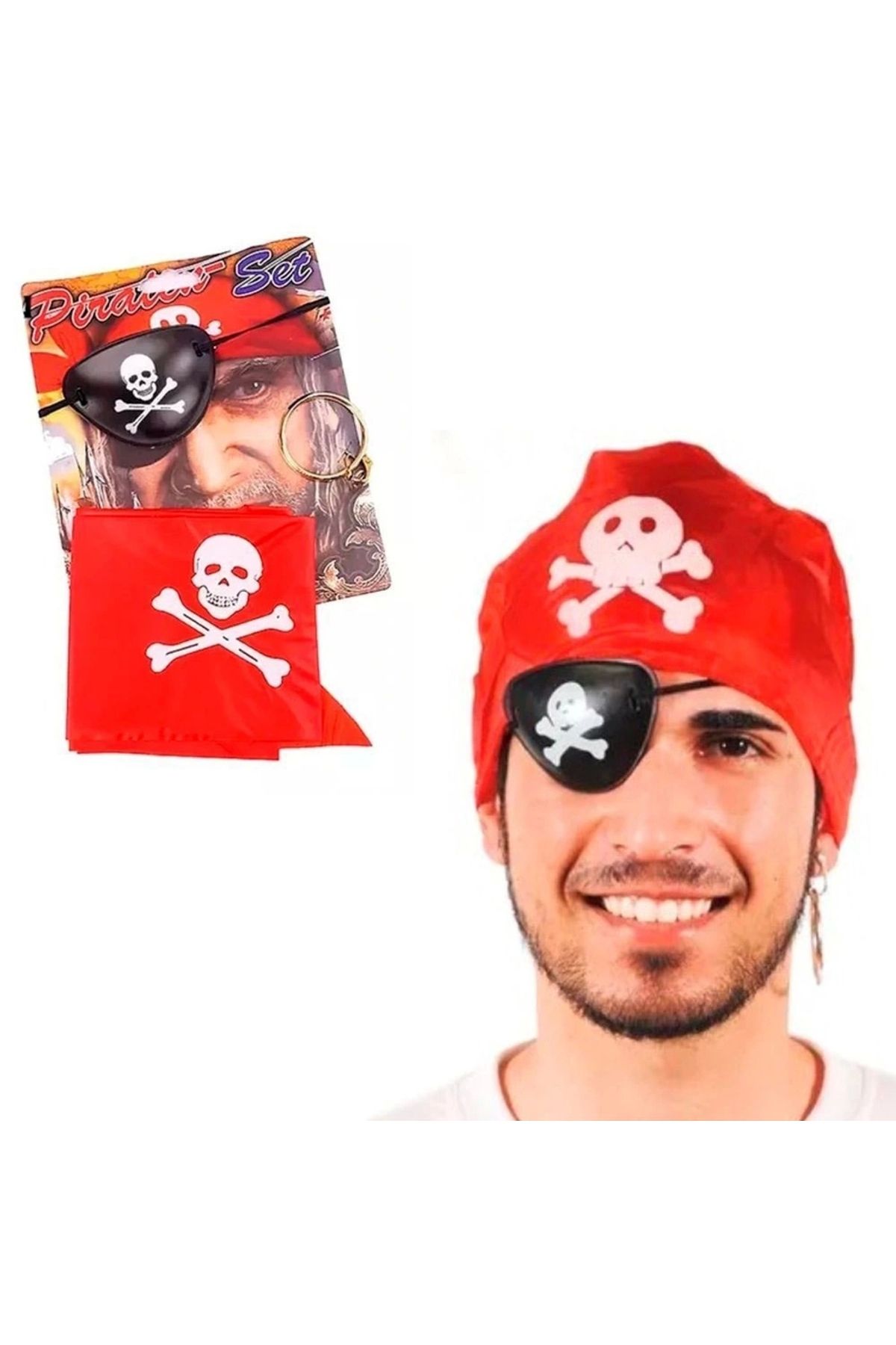 STOREMAX Korsan Bandana Korsan Göz Maskesi ve Korsan Küpesi 3 lü Kostüm Seti (5047)