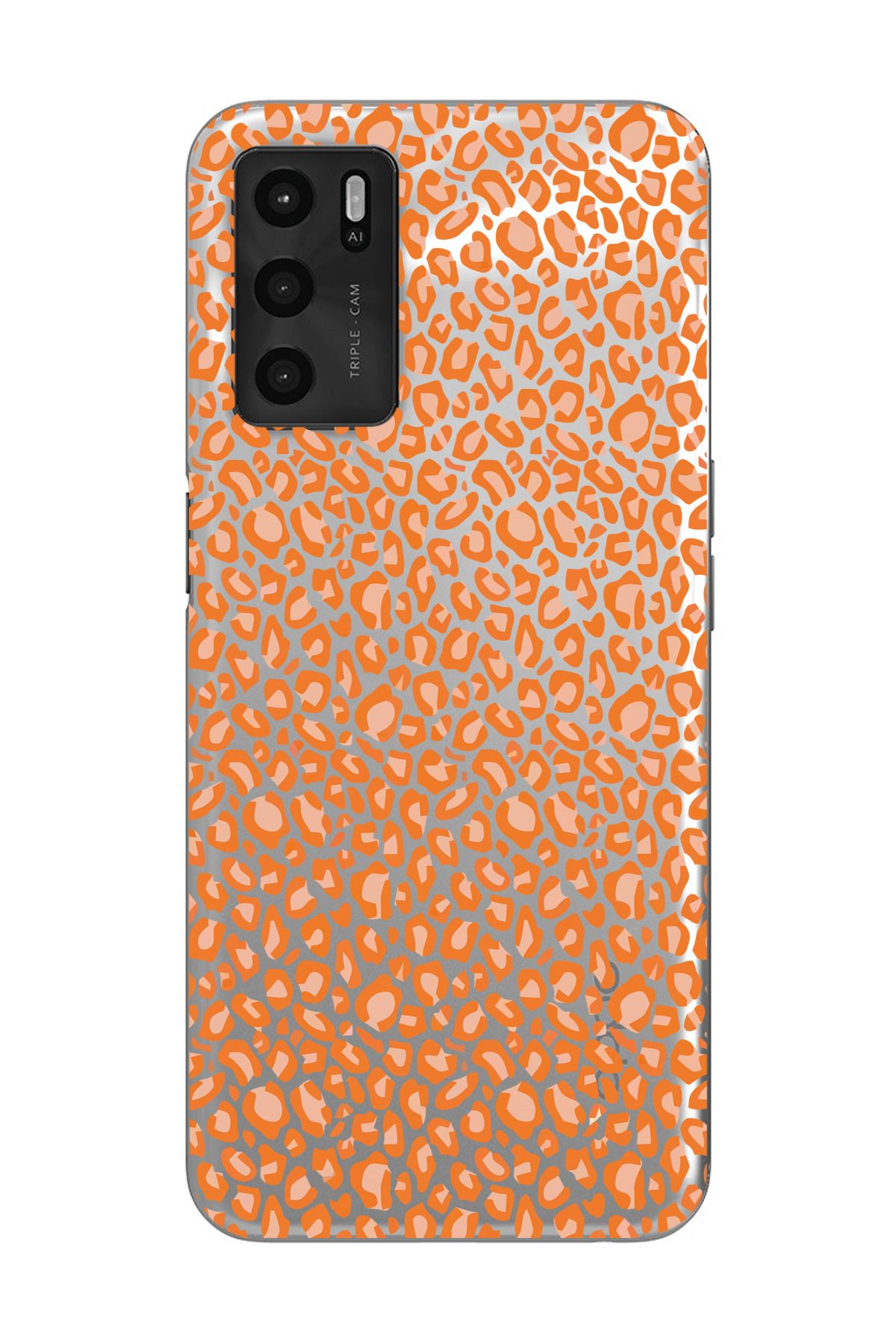moonset Oppo A16 / A55 Uyumlu Turuncu Leopar Tasarımlı Baskılı Şeffaf Telefon Kılıfı