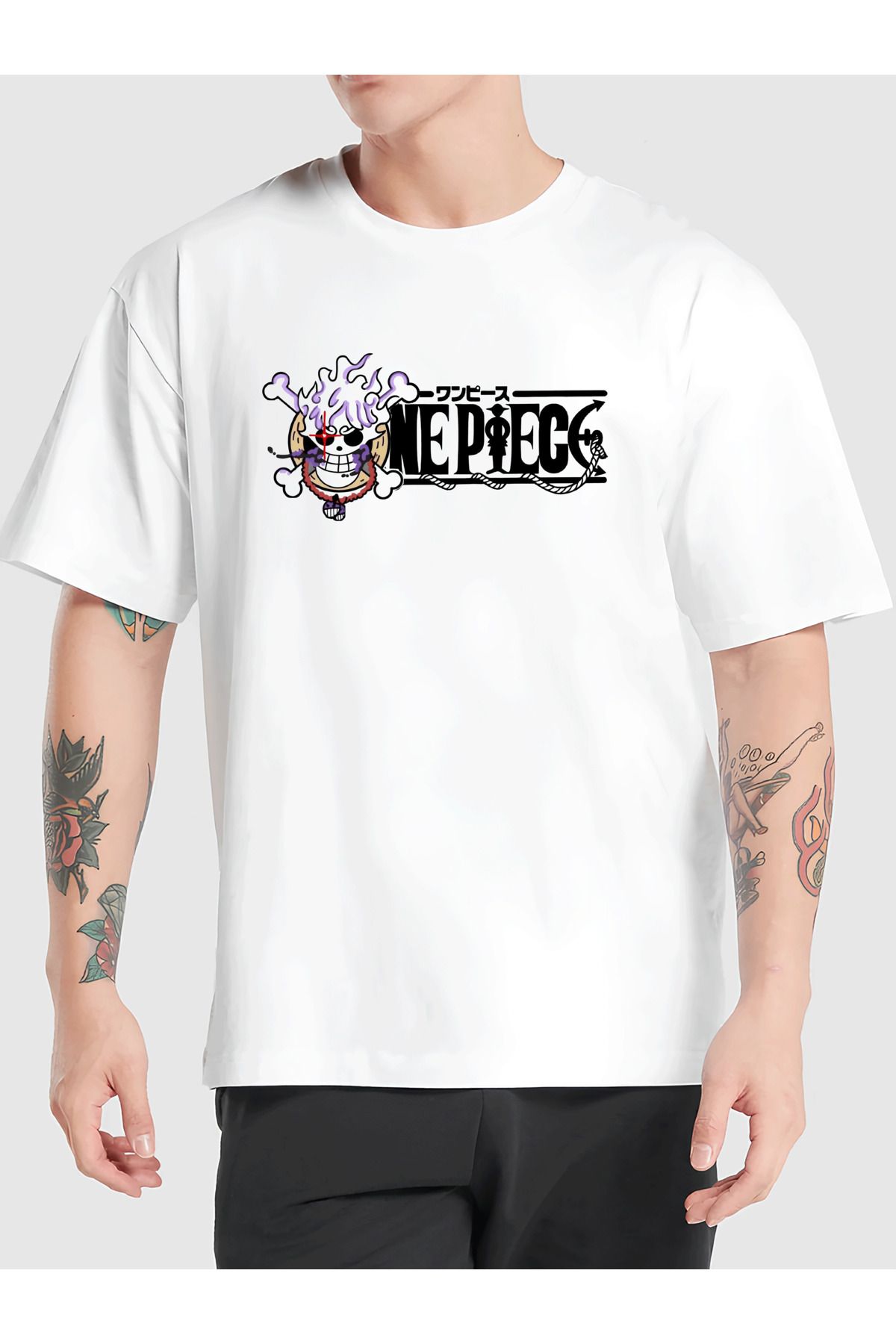 sielta Anime One Piece Baskılı Bisiklet Yaka Oversize Kalıp Unisex Beyaz Tişört T-shirt
