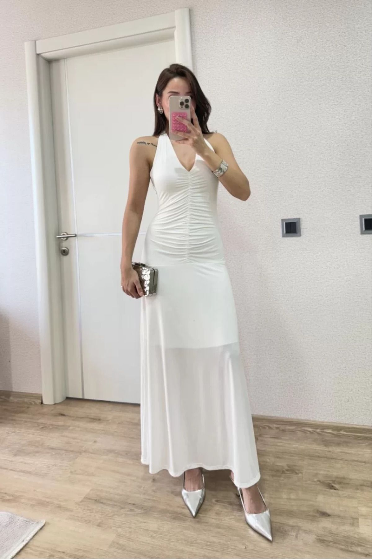 REKA MODA Sırt dekolteli Uzun Kollu Elbise - Beyaz