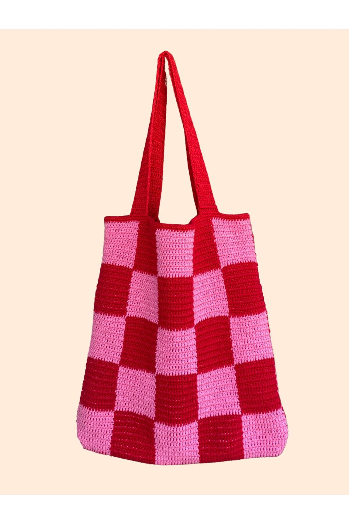 MELUSH Pembe ve Kırmızı Dama Desenli El İşi Örgü Omuz Çantası