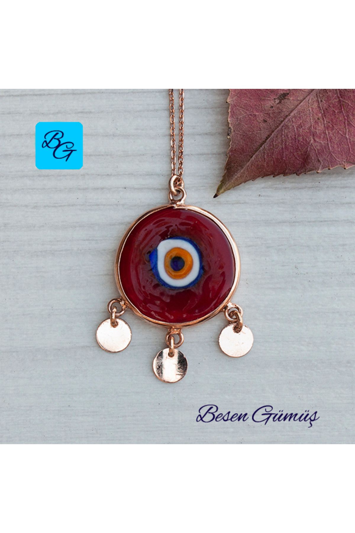 Besen Gümüş Üç Pullu Rose Yuvarlak Kırmızı Göz Kolye