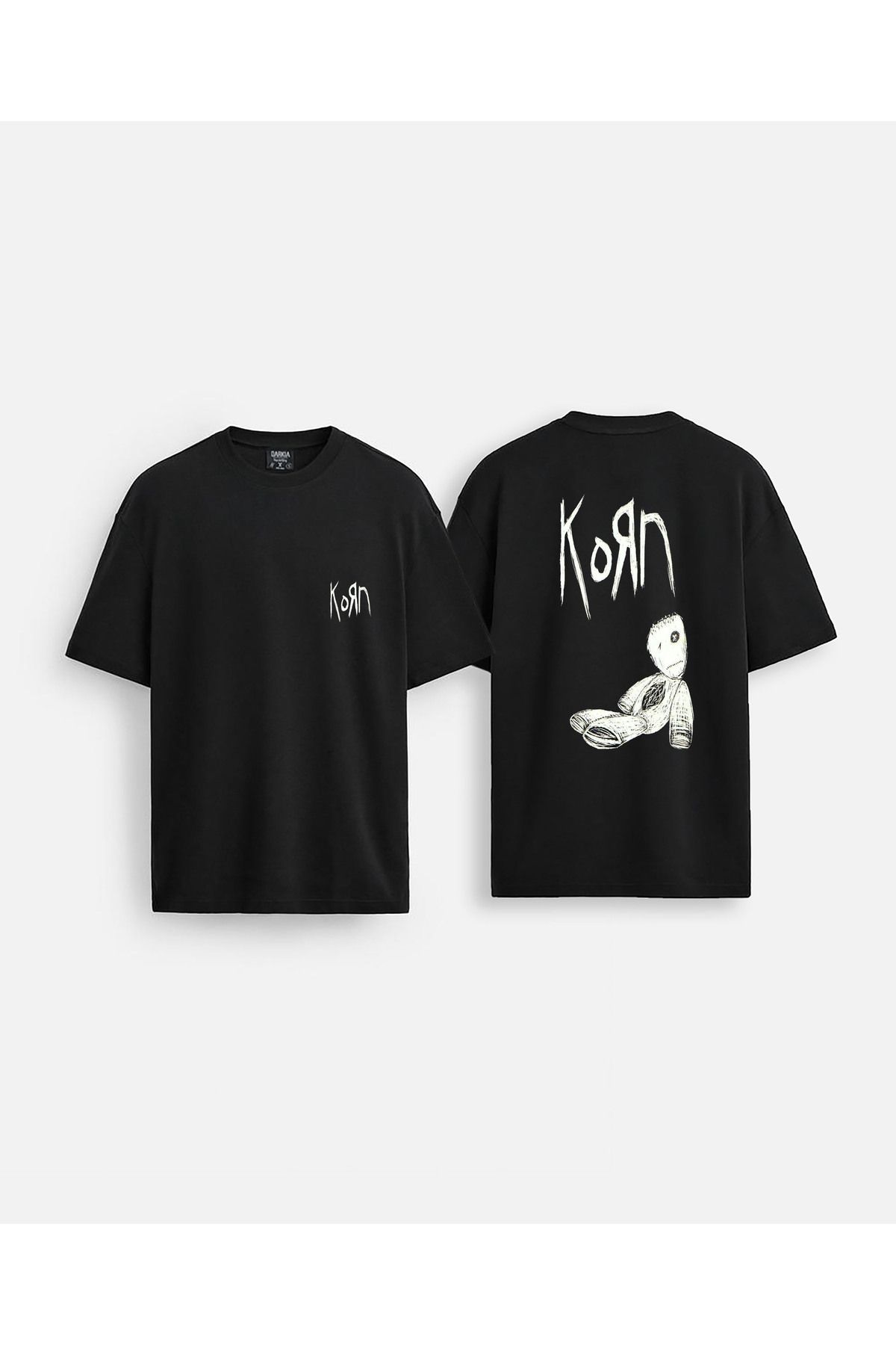 Darkia Korn Müzik Grubu Baskılı Bisiklet Yaka Oversize Çift Taraflı Siyah Tişört T-shirt