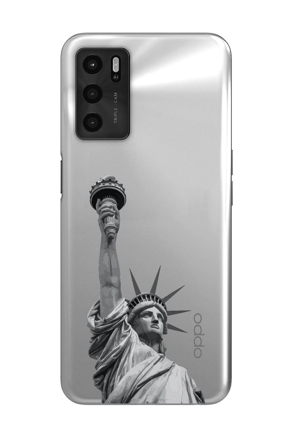 moonset Oppo A16 / A55 Uyumlu Özgürlük Heykeli Tasarımlı Baskılı Şeffaf Telefon Kılıfı