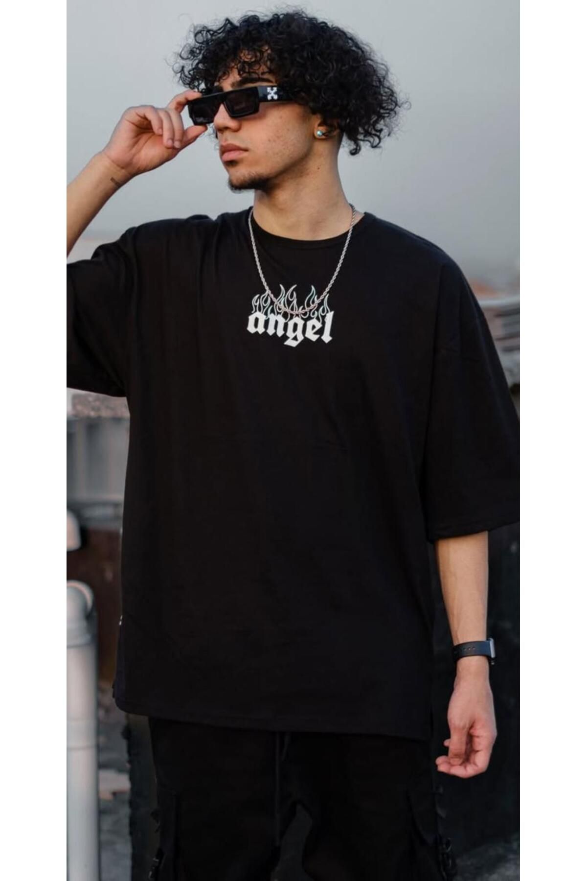 İnazuma Outdoors İnazuma Unisex Oversize Baskılı Pamuklu Bisiklet Yaka Kısa Kollu SİYAH T-shirt