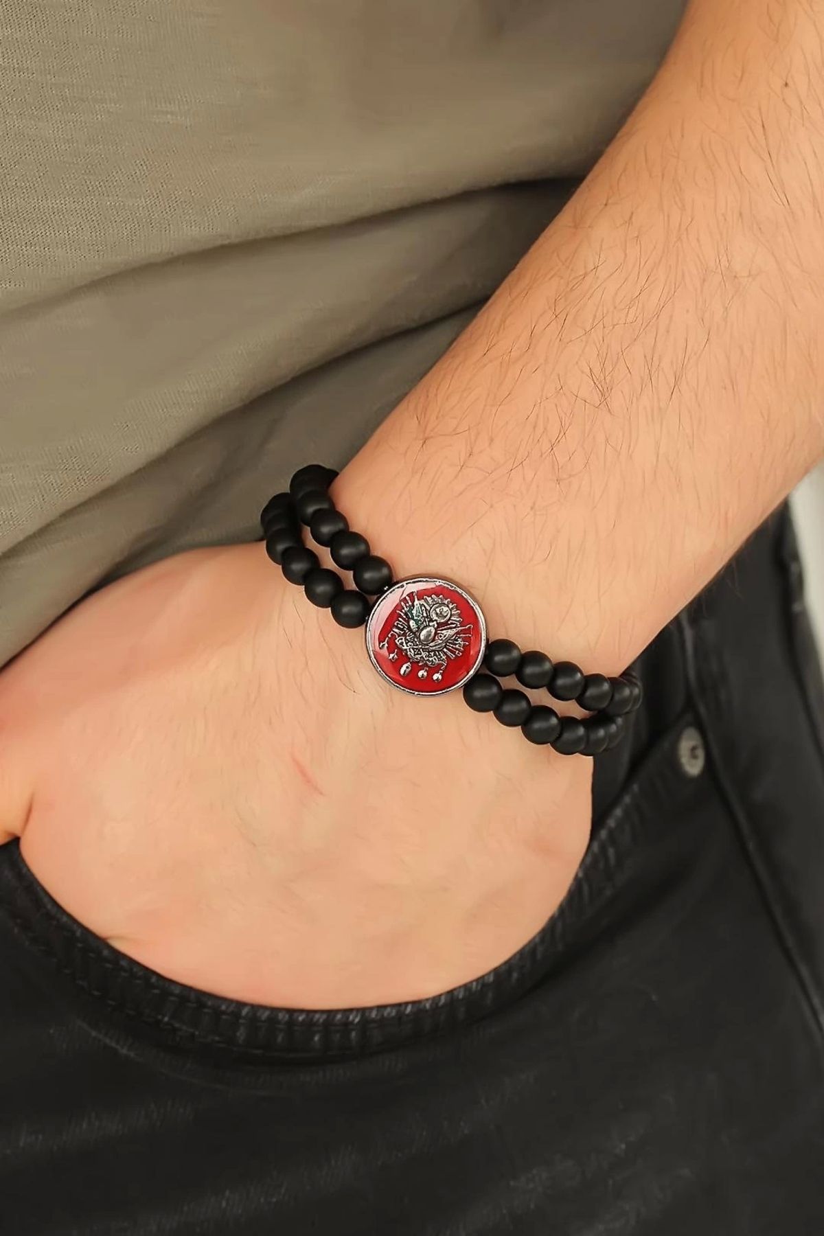 Moco Osmanlı Tuğralı Kırmızı Metal Aksesuarlı Siyah Oniks Doğal Taş Erkek Bileklik