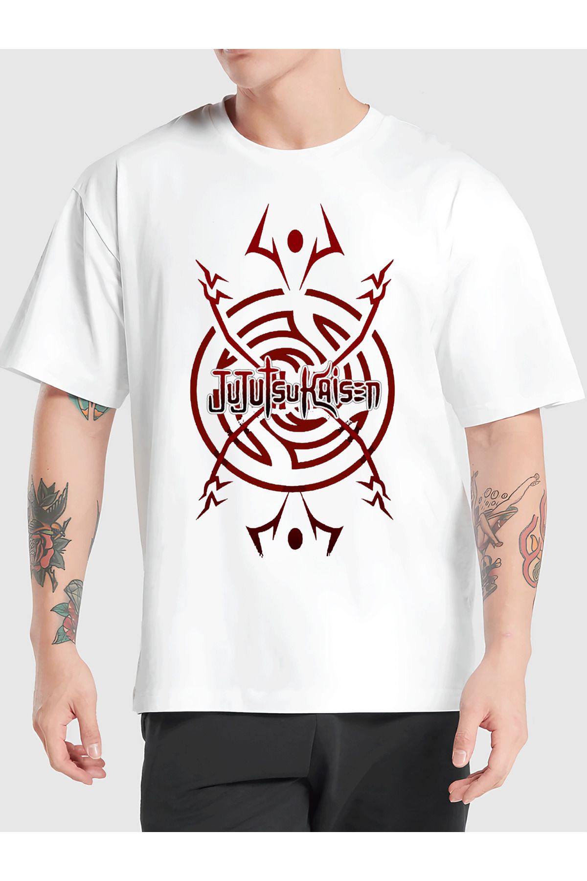 sielta Jujutsu Kaisen Anime Baskılı Bisiklet Yaka Oversize Kalıp Unisex Beyaz Tişört T-shirt