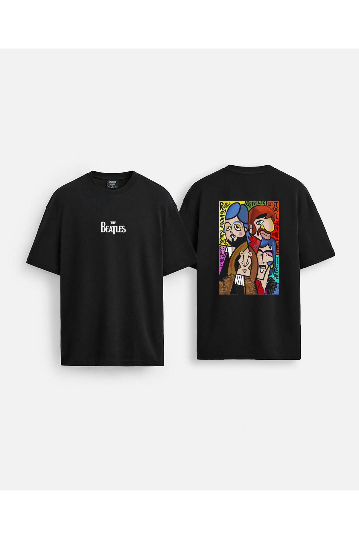 sielta The Beatles Müzik Grubu Baskılı Bisiklet Yaka Oversize Çift Taraflı Siyah Tişört T-shirt