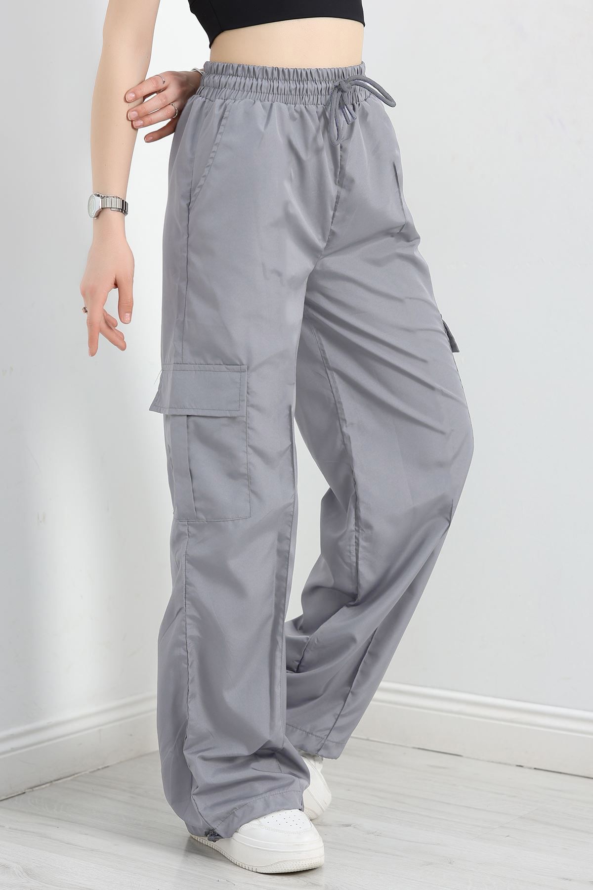 OXVİN Kadın Oversize Paraşüt Kumaş Kargo Cep, Paça Klipsli, Baggy Pantolon