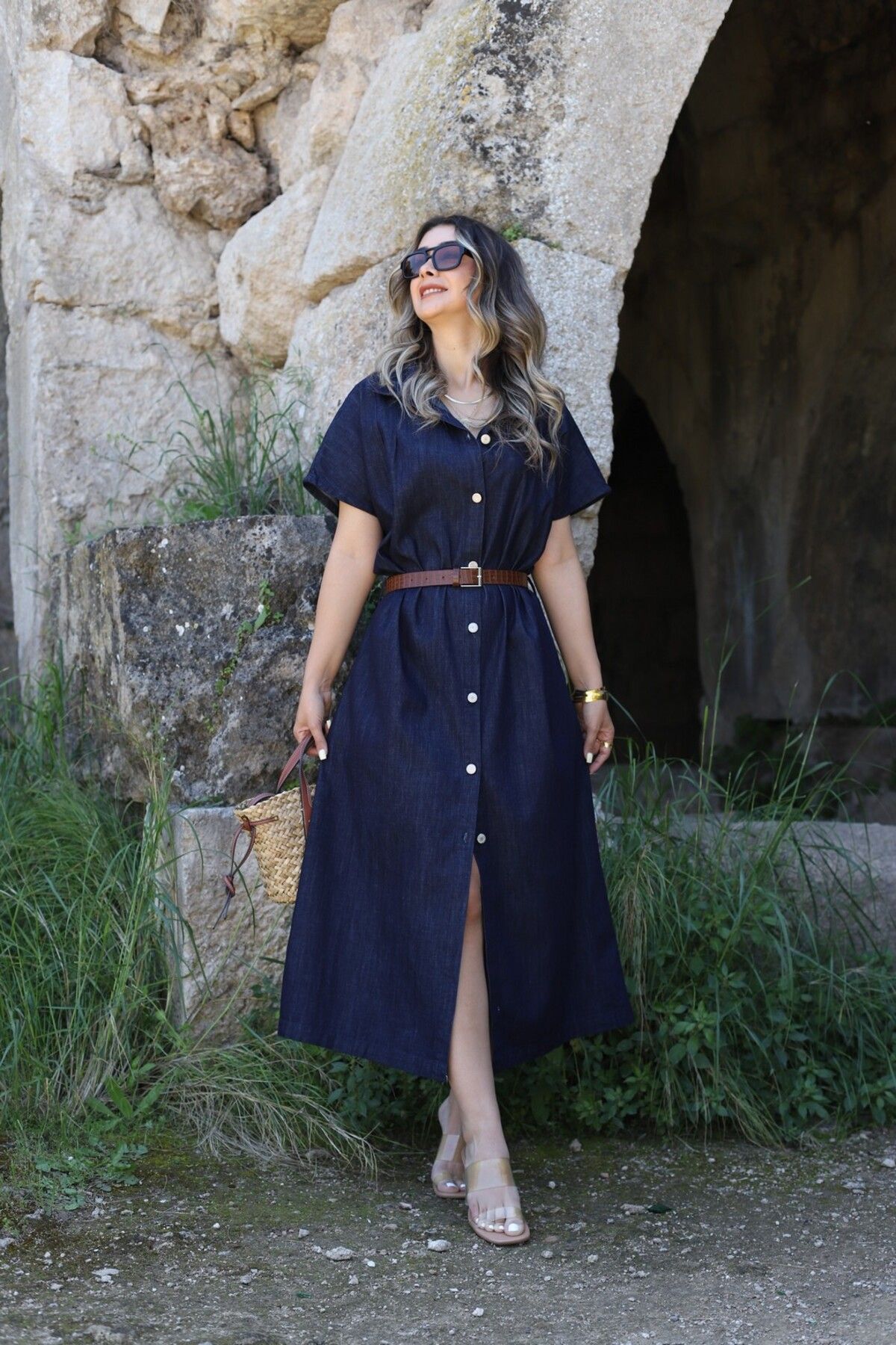 bytugcekaya Lacivert Kahve Kemerli Denim Elbise